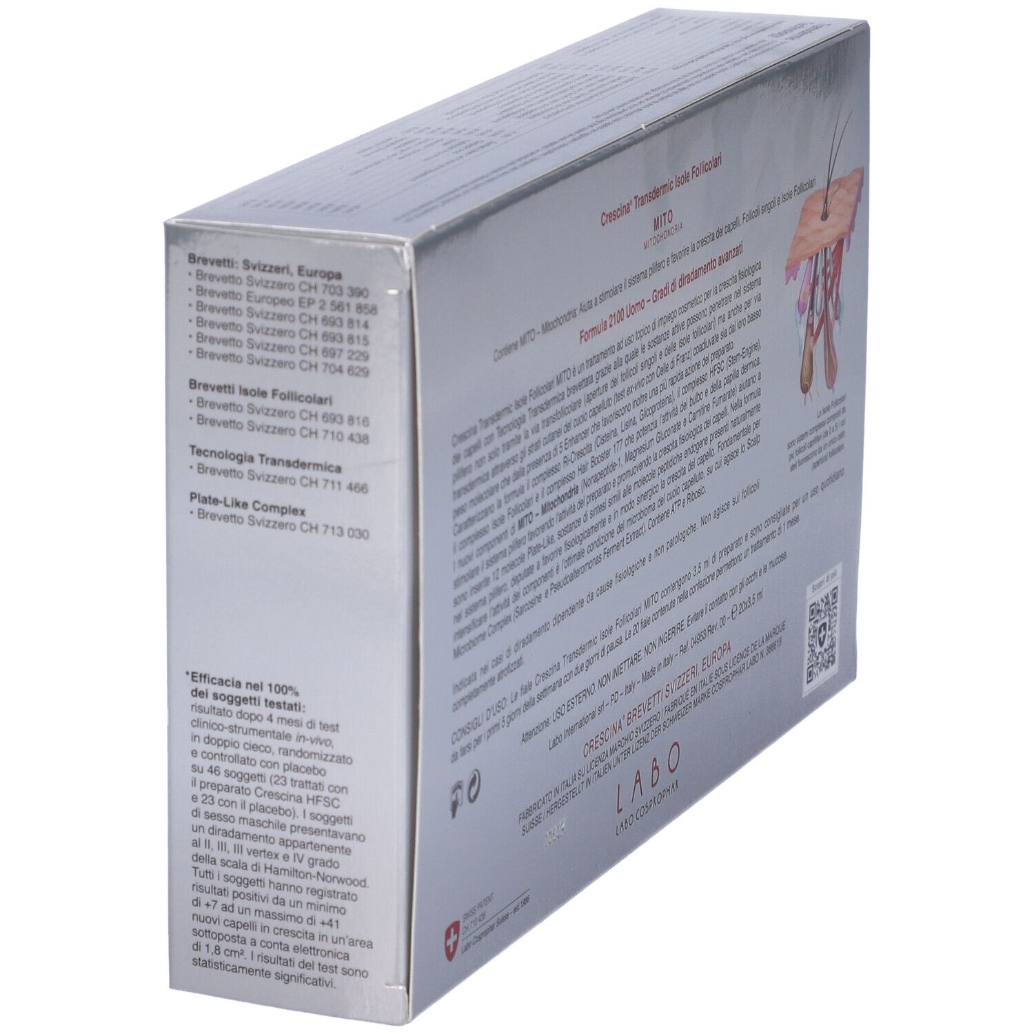 Vista laterale della scatola. Testo e loghi. Scritta: CRESCINA, MITO.