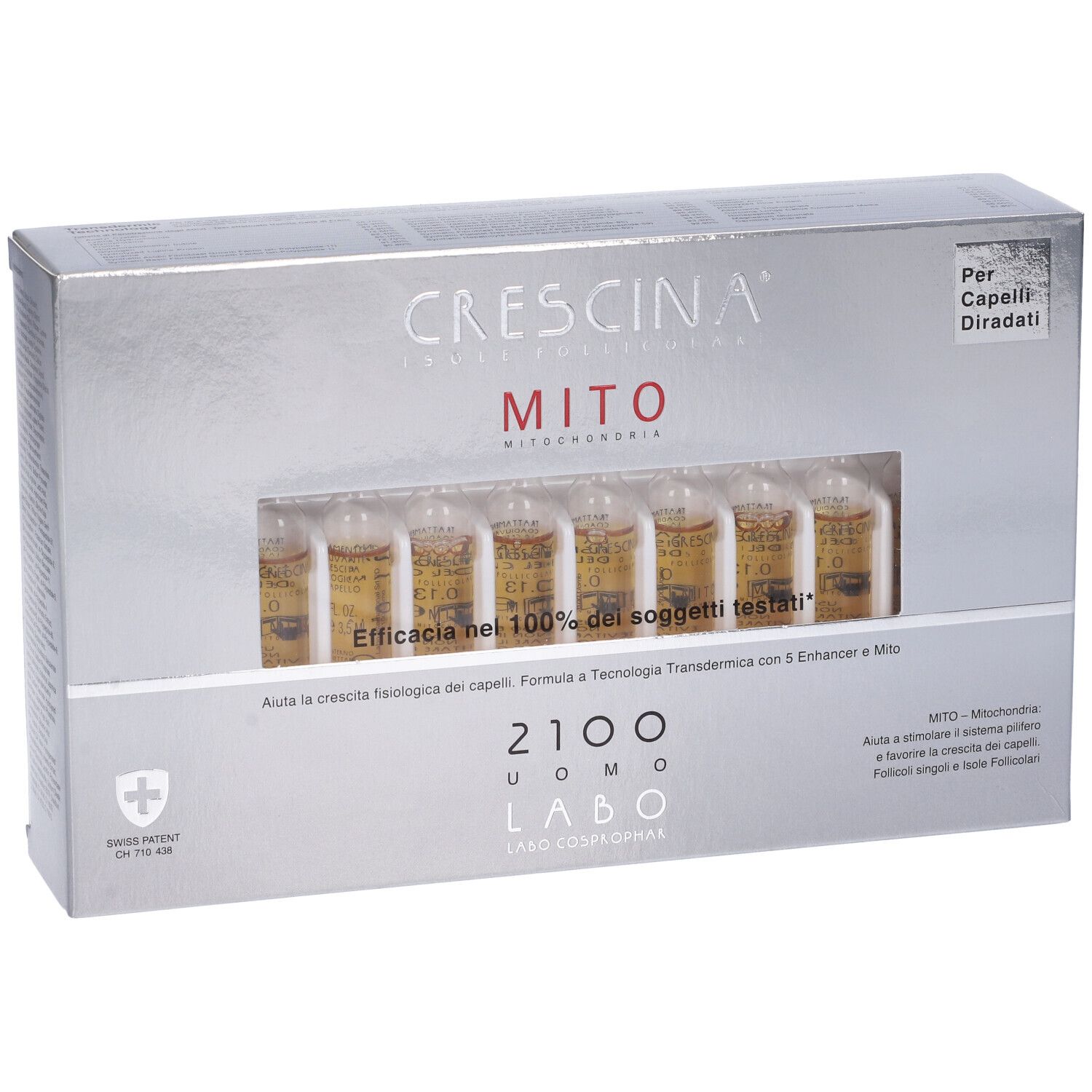 Scatola con fiale. Scritta: CRESCINA, MITO, 2100 UOMO. Per capelli diradati.