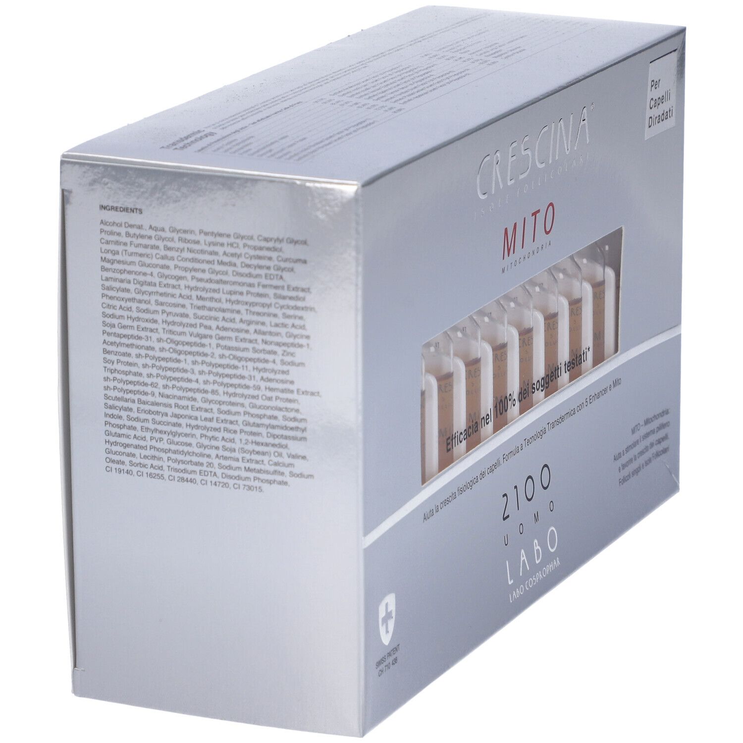Scatola argentata con elenco ingredienti. Scritta: CRESCINA MITO 2100 UOMO LABO. Croce svizzera.