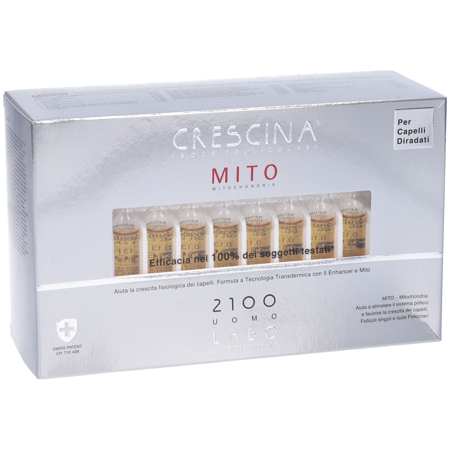 Scatola CRESCINA MITO 2100 UOMO LABO con fiale visibili. Finestra trasparente. Scritta sulla confezione.