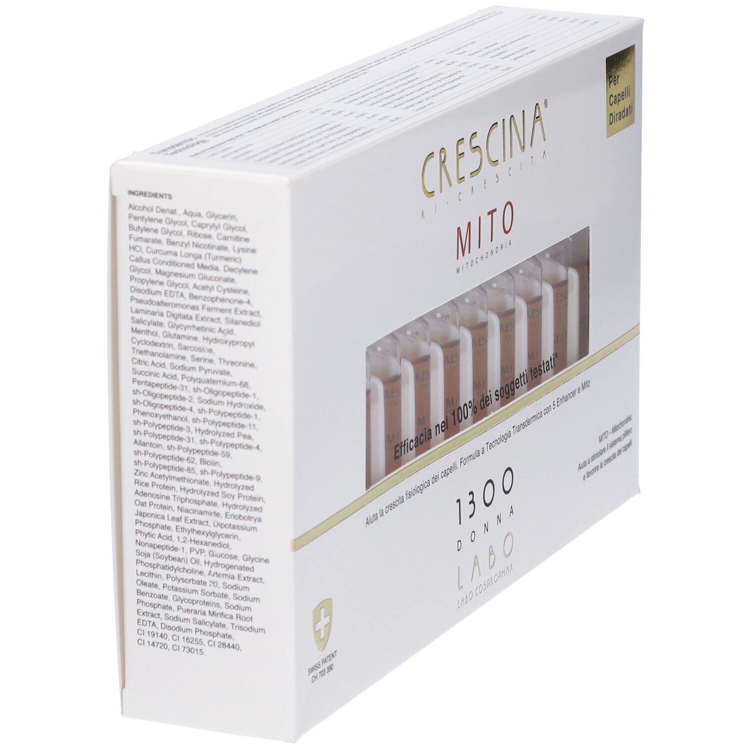 Scatola bianca CRESCINA MITO 1300 DONNA. Sul lato, ingredienti e loghi.