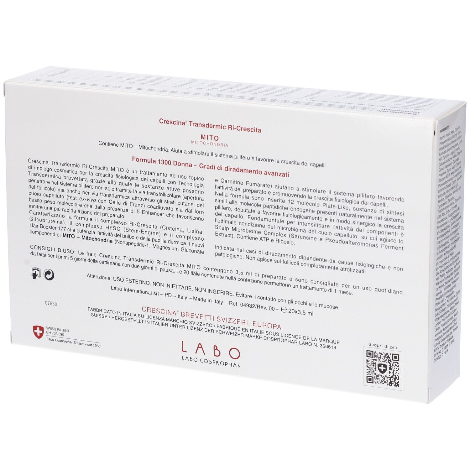 Retro della scatola bianca CRESCINA MITO 1300 DONNA. Testo in italiano.