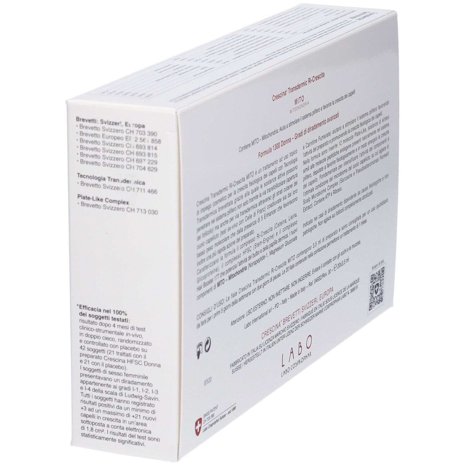 Scatola bianca CRESCINA MITO 1300 DONNA. Testo in italiano. Croce svizzera.