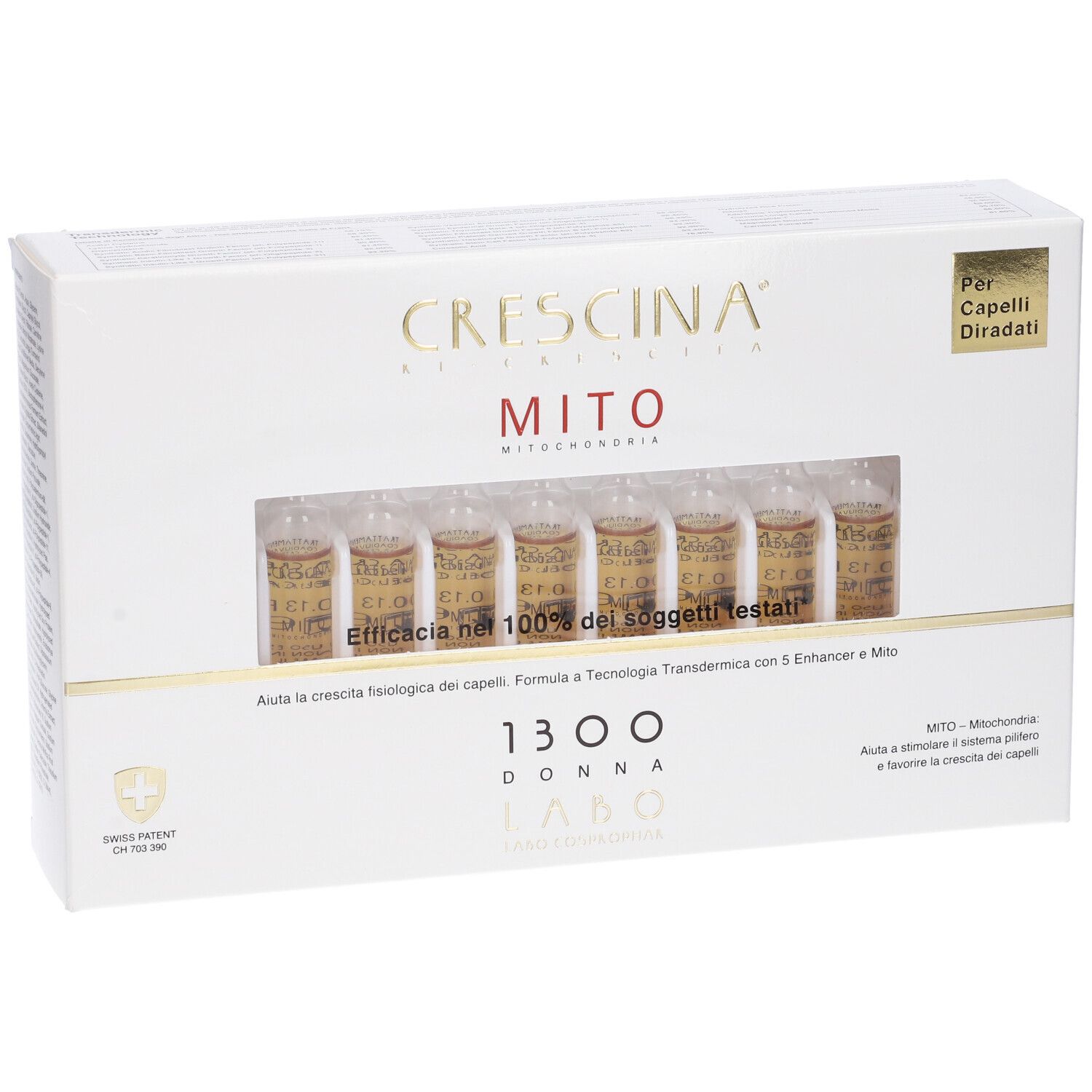 Scatola bianca CRESCINA MITO 1300 DONNA. Ampolle visibili. Scritta: « Efficacia nel 100% dei soggetti testati ».