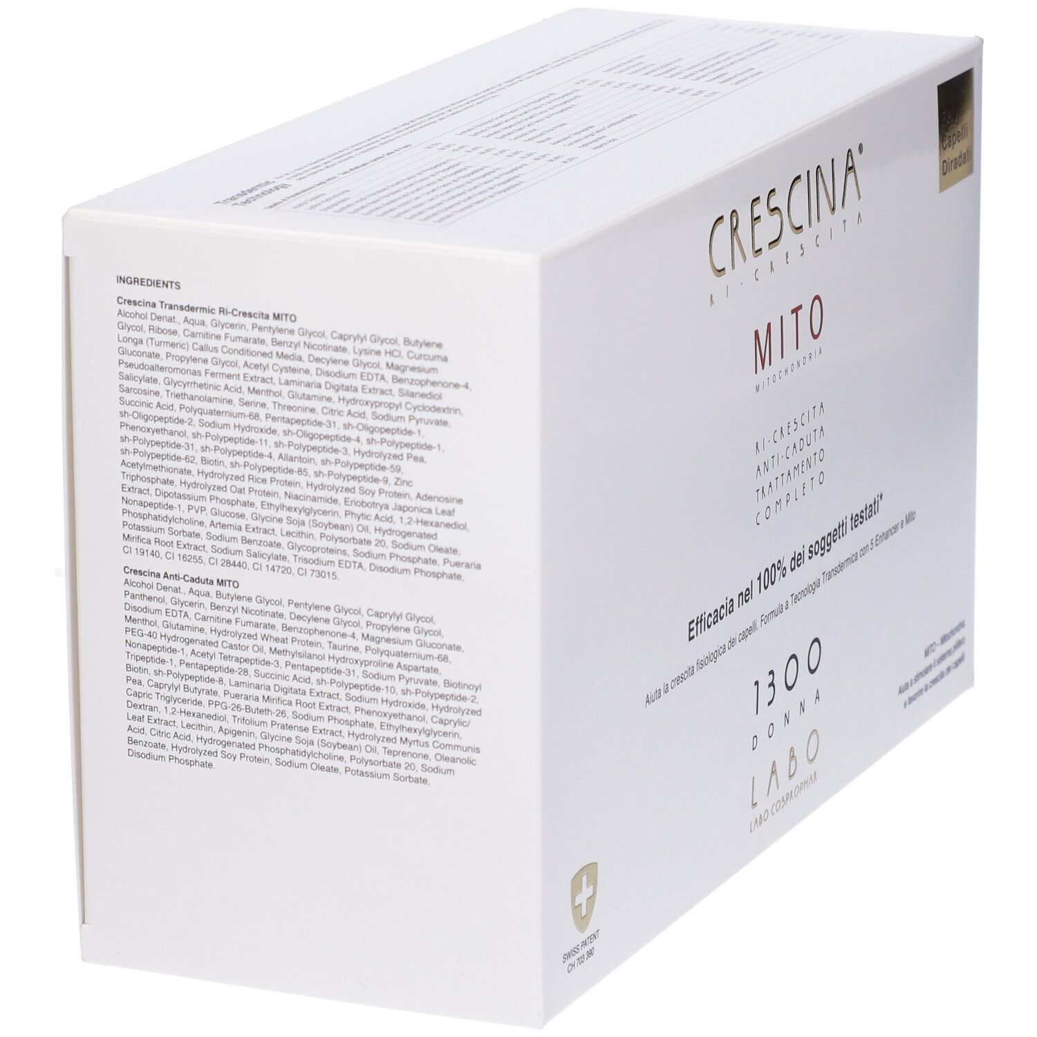 Scatola bianca, vista laterale. Scritta: CRESCINA MITO, ingredienti, croce svizzera.