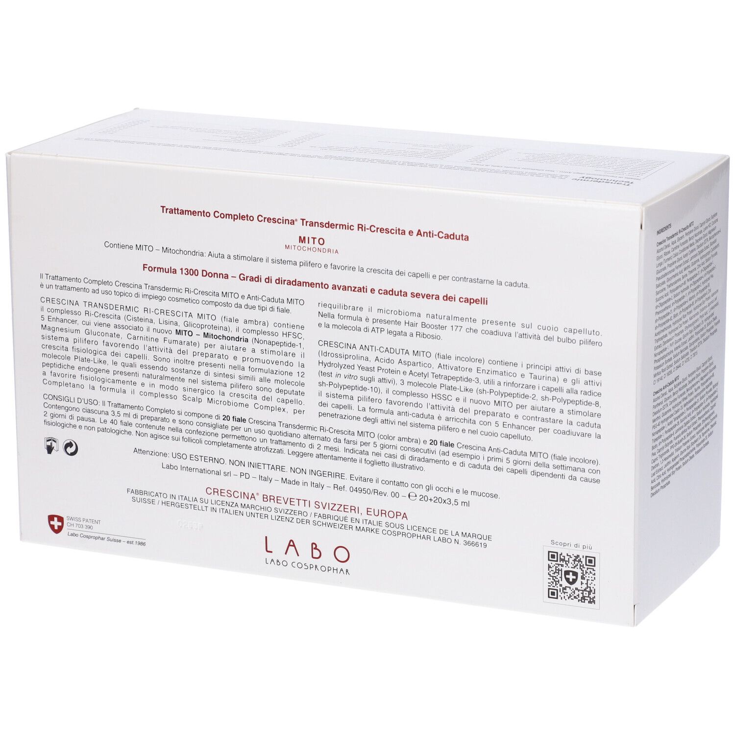 Scatola bianca, retro. Testo: Trattamento Completo Crescina Transdermic Ri-Crescita e Anti-Caduta MITO.