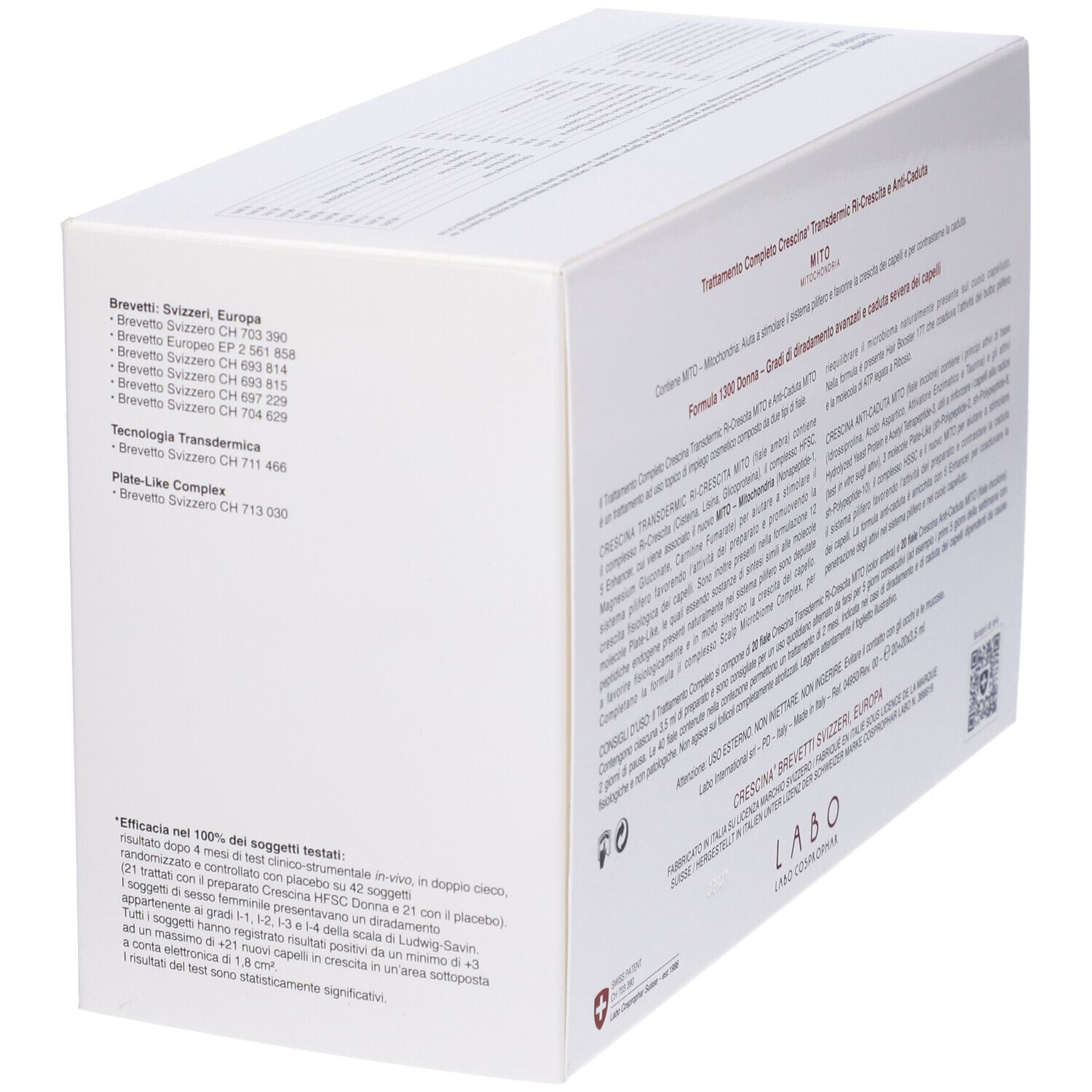 Scatola bianca, vista obliqua. Testo: Brevetti Svizzeri, Europa, Tecnologia Transdermica.