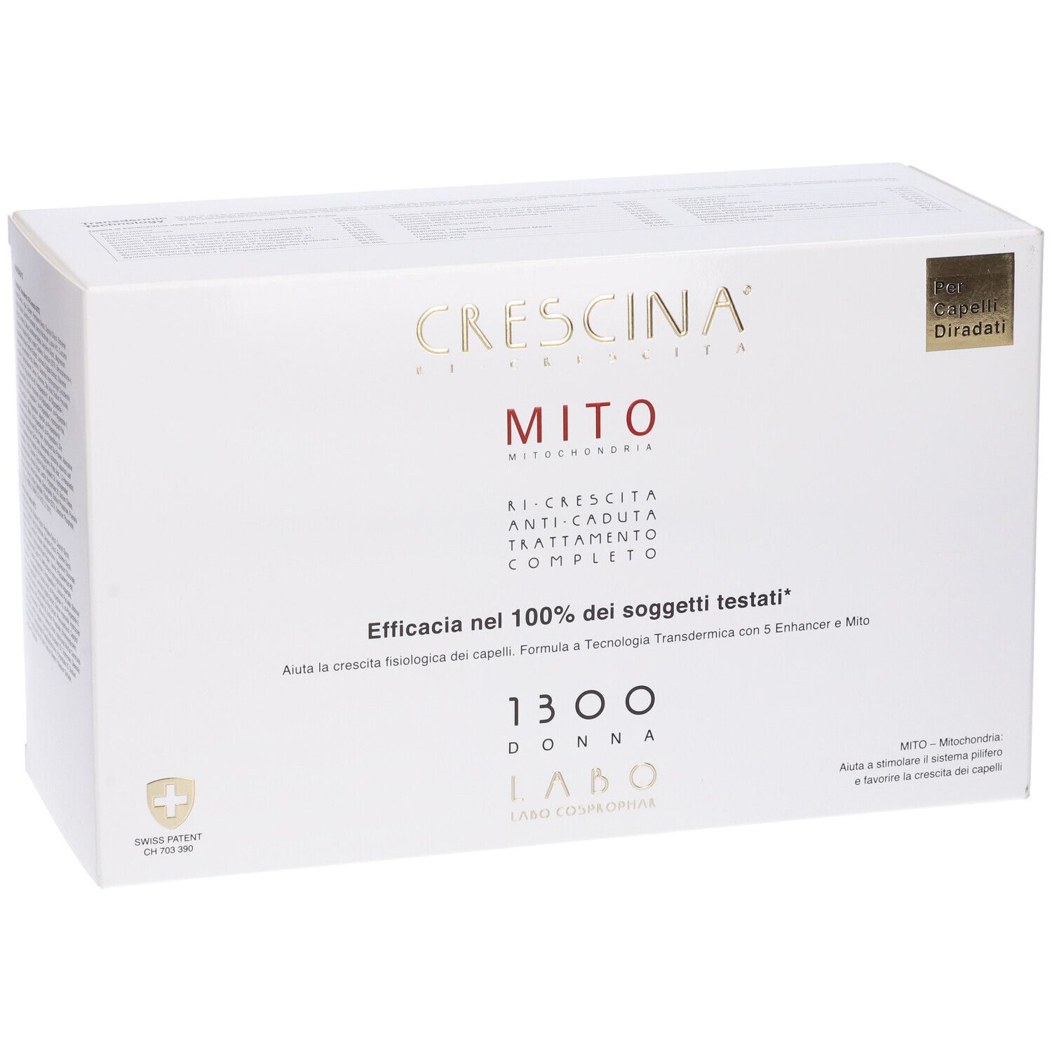 Scatola bianca con stampa del prodotto. Scritta: CRESCINA MITO, 1300 DONNA. Croce svizzera.