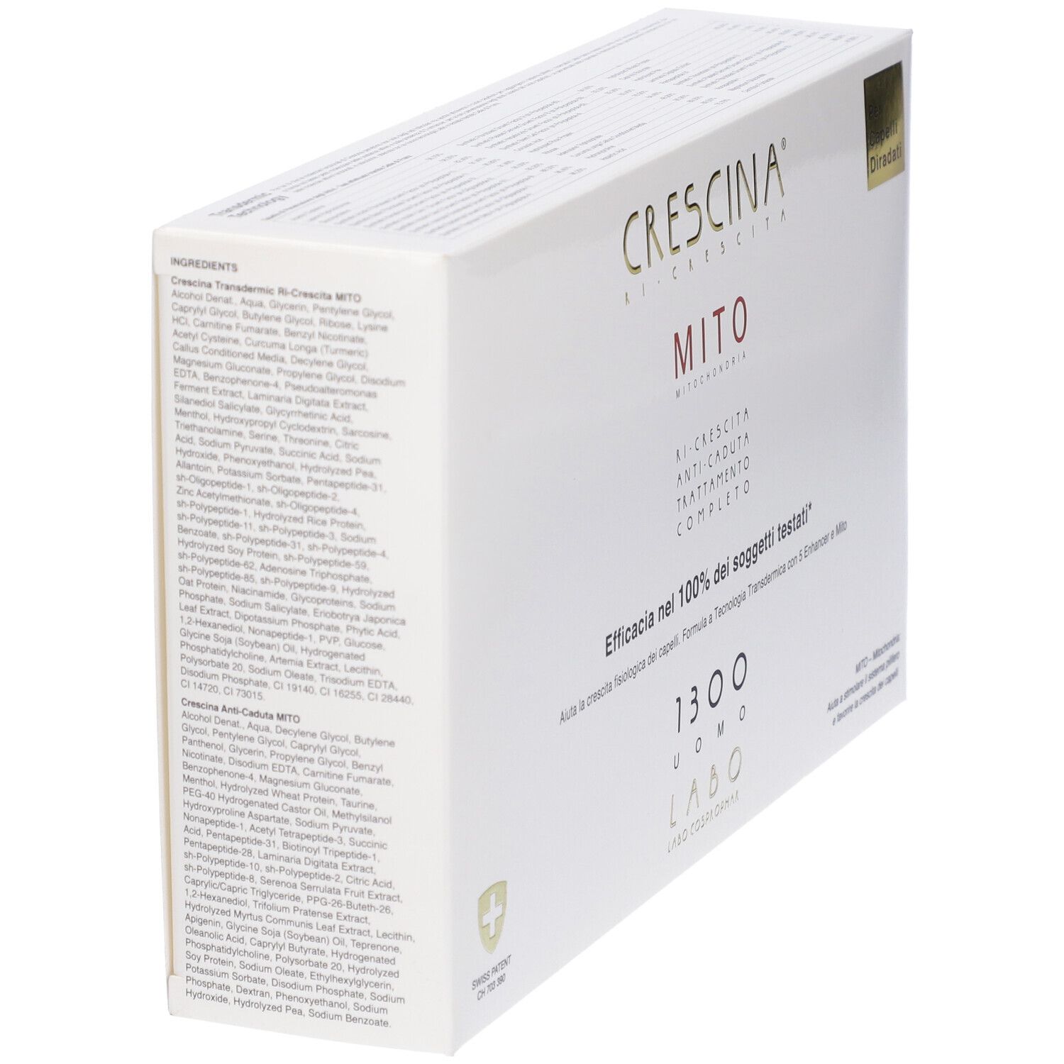Confezione CRESCINA® MITO. Scatola bianca con elenco ingredienti e nome prodotto. Croce svizzera.