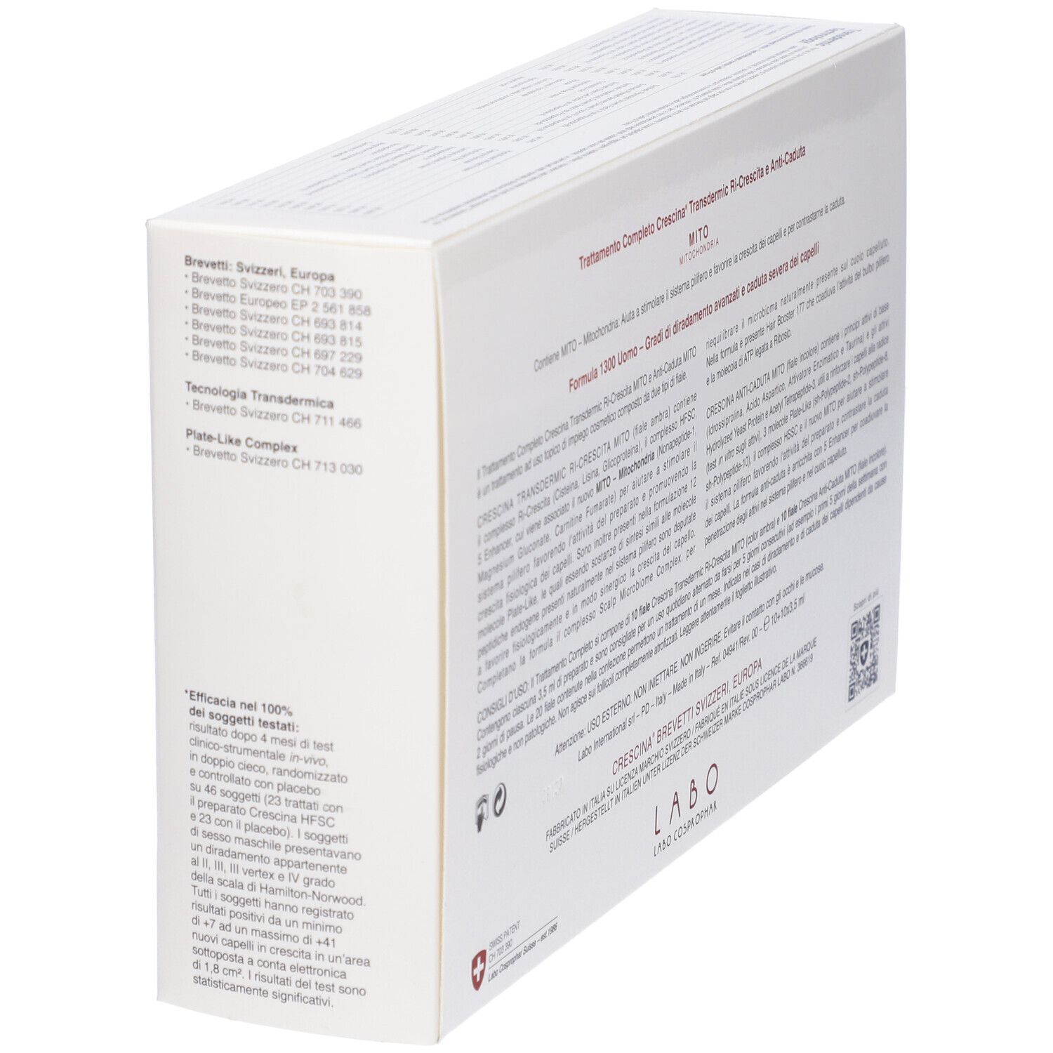 Confezione CRESCINA® MITO. Scatola bianca con testo e logo. Croce svizzera.