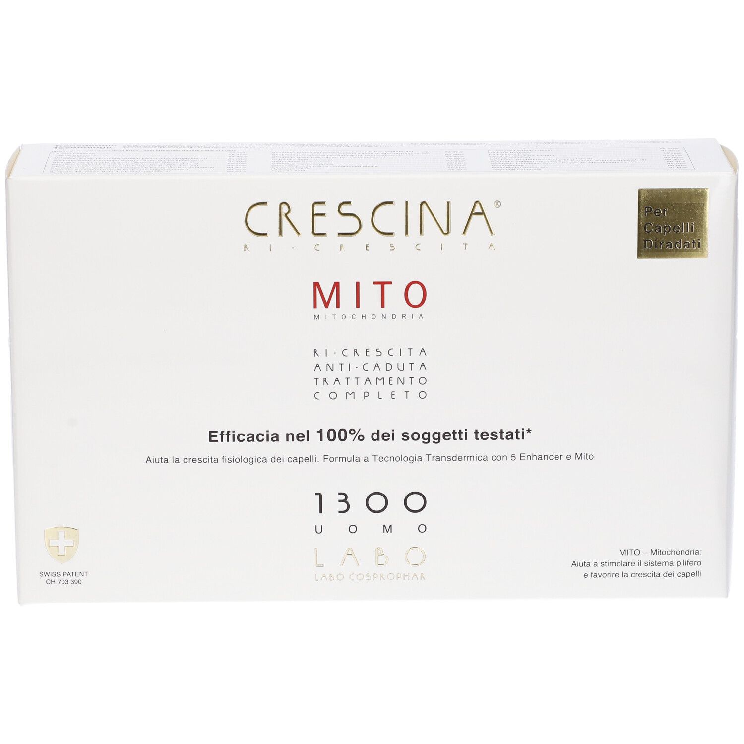 Confezione CRESCINA® MITO. Scatola bianca con nome e testo del prodotto. Croce svizzera.