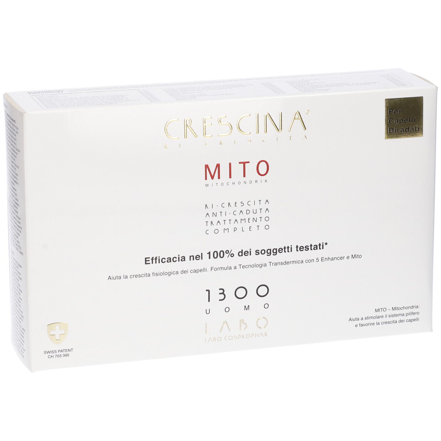 Confezione CRESCINA® MITO. Scatola bianca con nome e testo del prodotto. Croce svizzera.