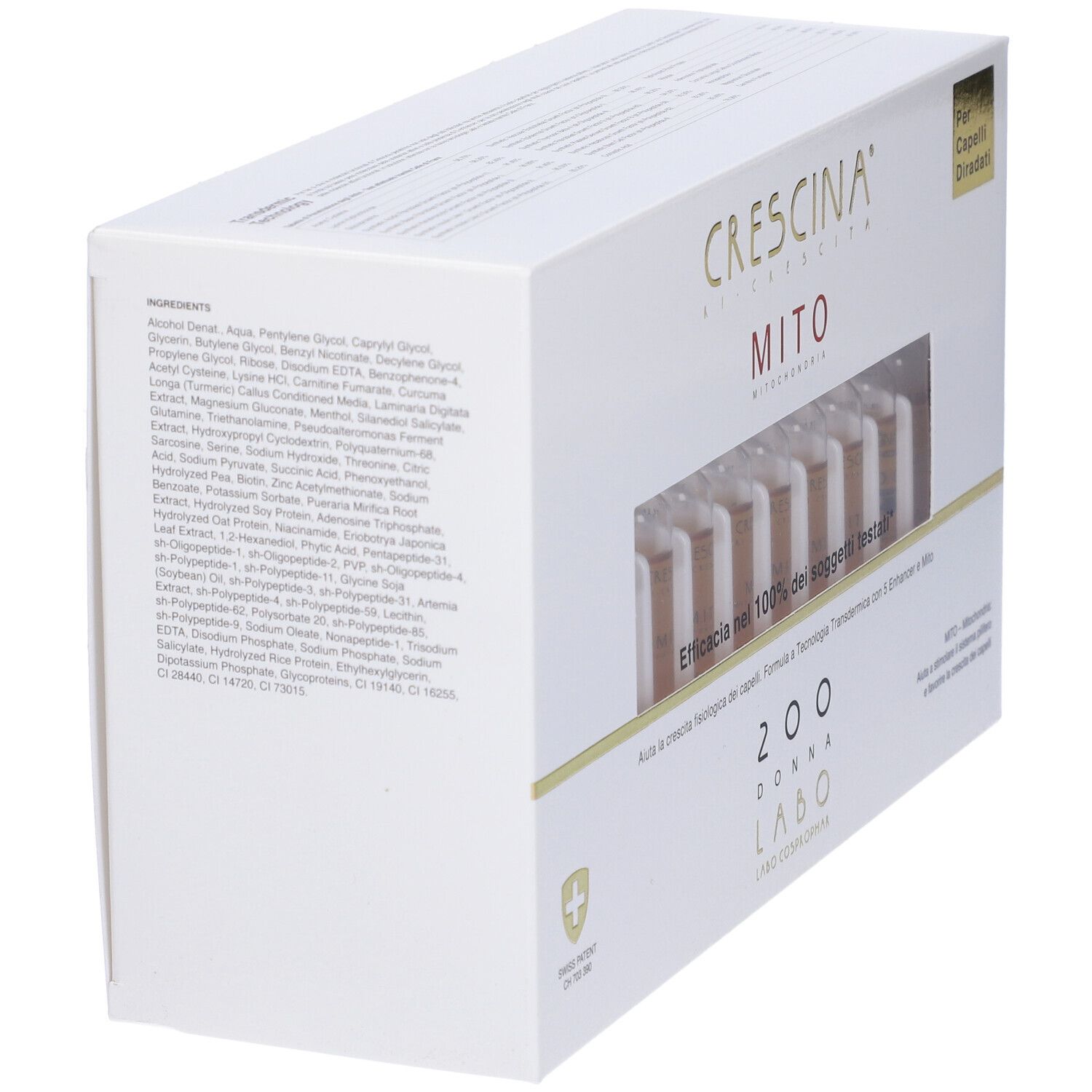 Confezione CRESCINA MITO. Ingredienti e testo sul lato. Marchio e logo visibili.