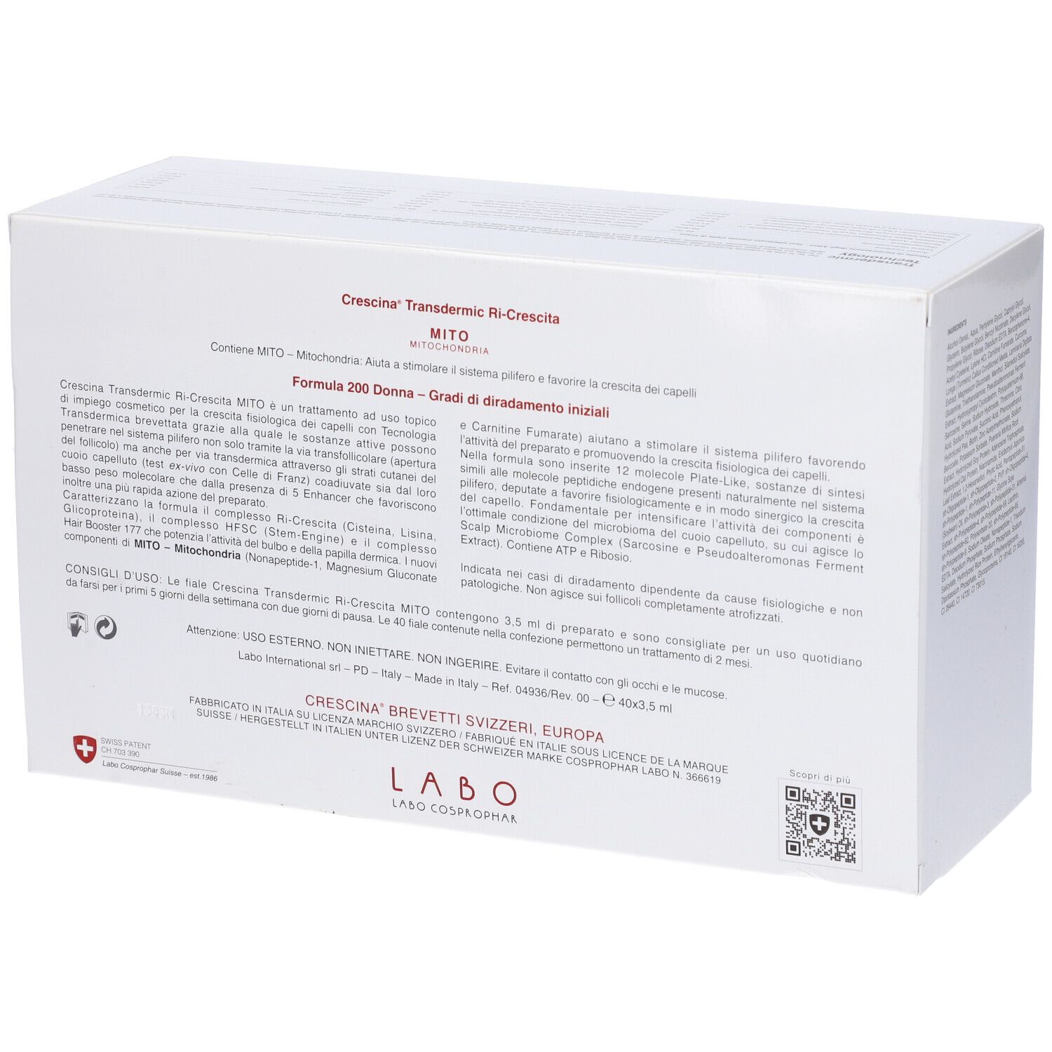 Retro della confezione CRESCINA MITO. Informazioni testuali e logo. Swiss Patent.