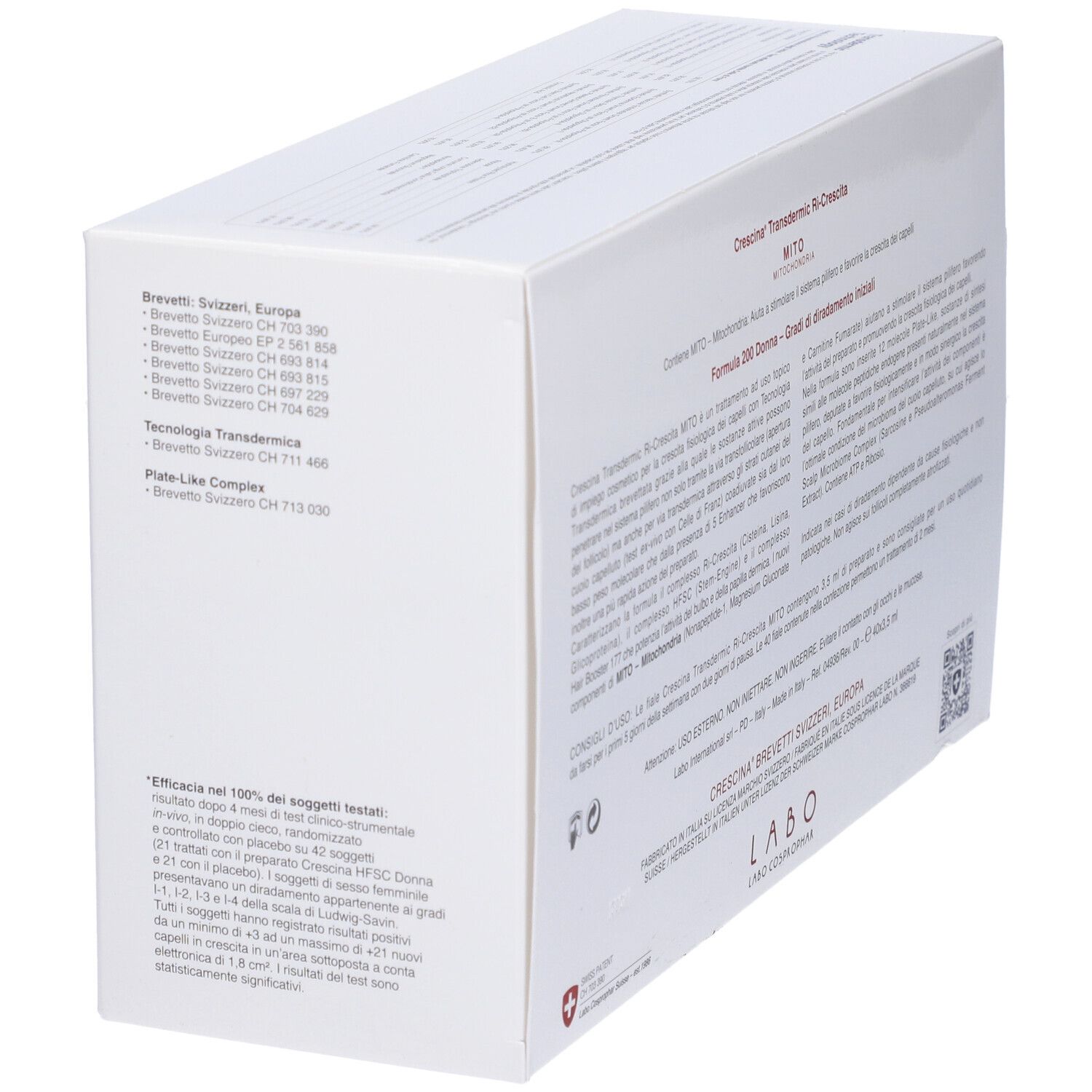 Confezione CRESCINA MITO. Testo e logo. Swiss Patent. Marchio e logo.