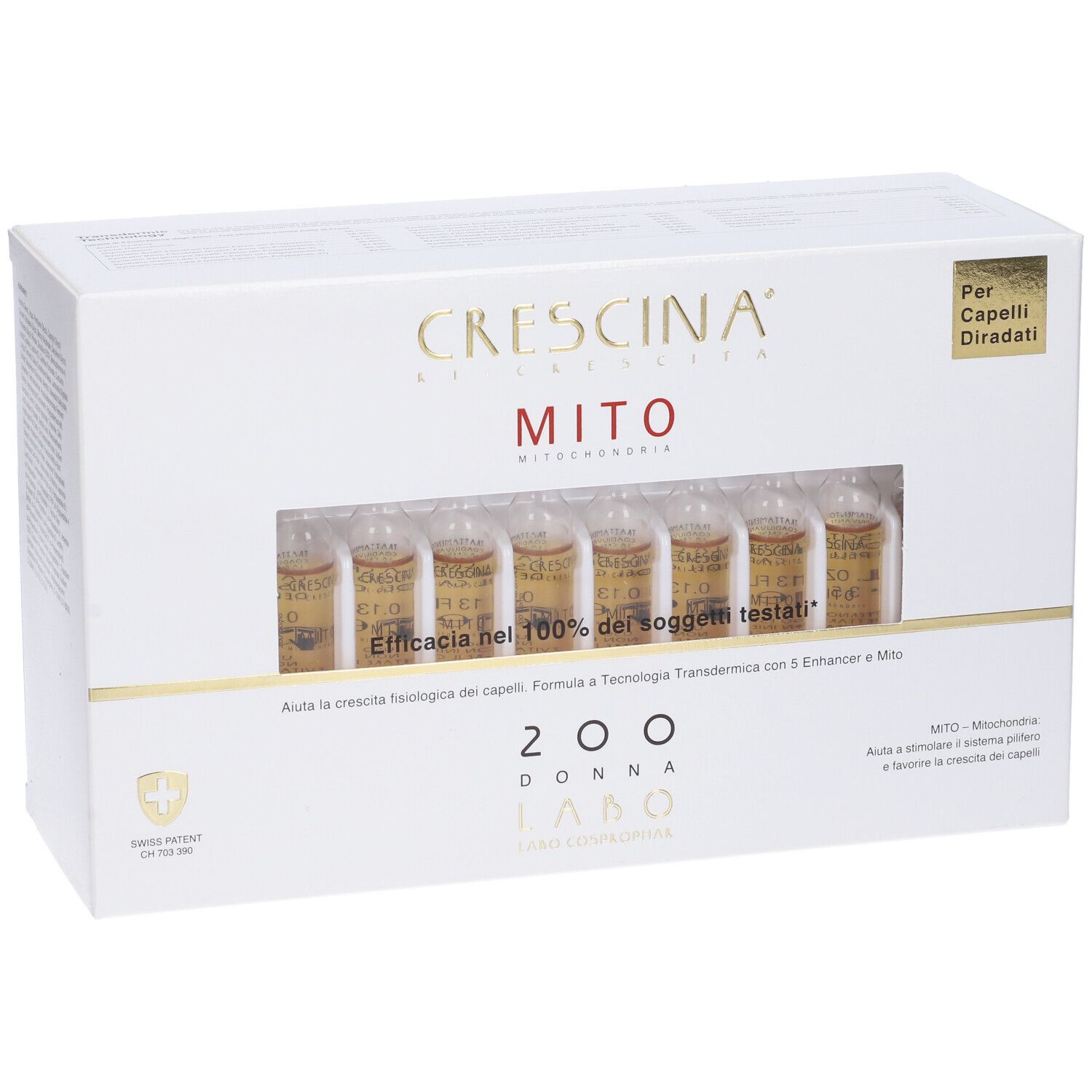 Confezione CRESCINA MITO con finestra. Mostra fiale. Testo: 200 DONNA. Per la caduta dei capelli.
