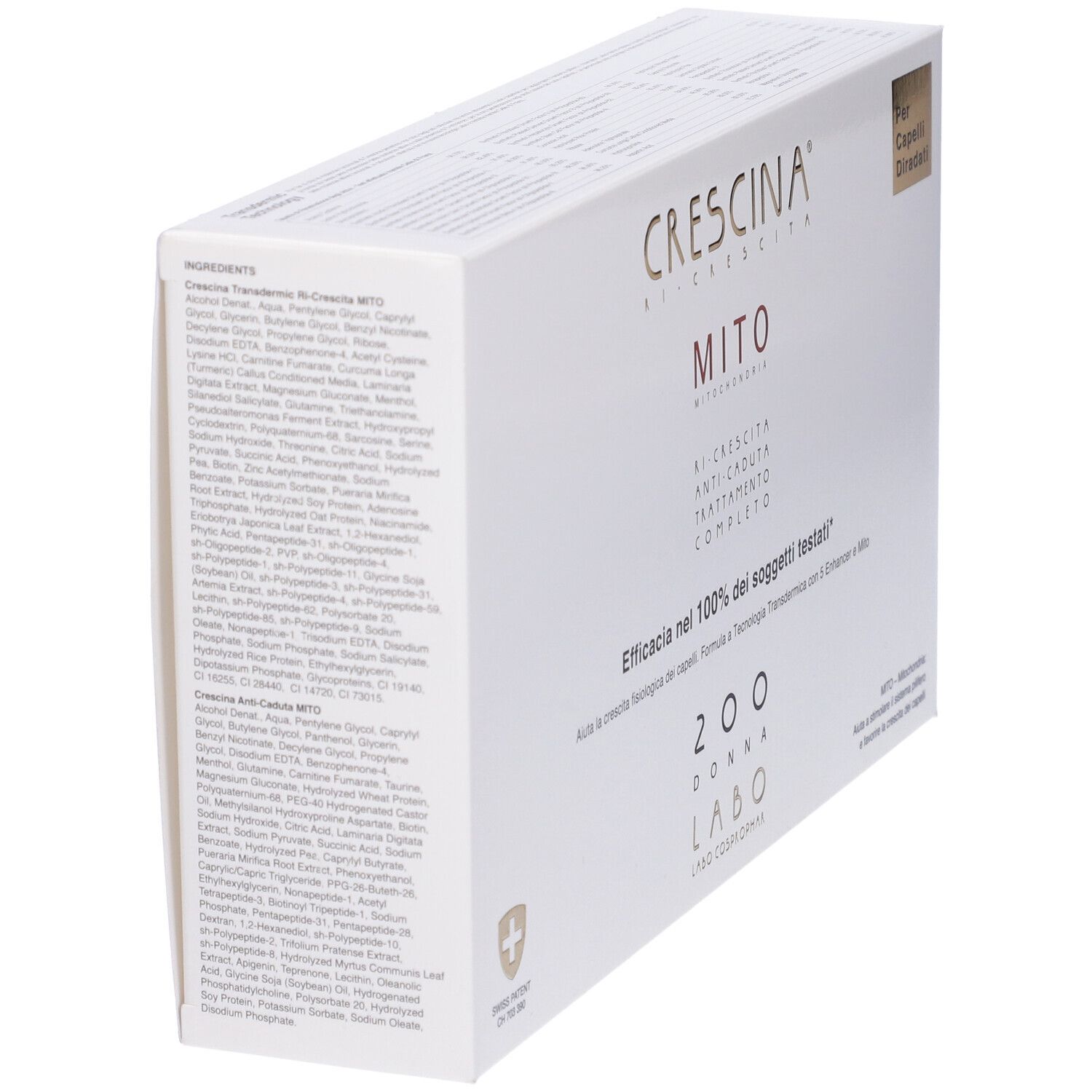 Scatola bianca con ingredienti e nome prodotto. Testo: Ri-Crescita, Anti-Caduta, Trattamento Completo. Per donne.