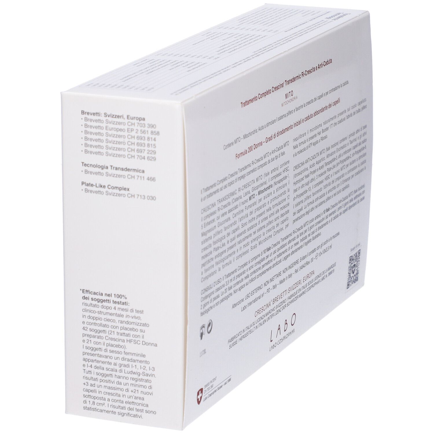 Scatola bianca, lato con testo. Testo: Trattamento Completo Crescina Transdermic Ri-Crescita e Anti-Caduta. Per donne.