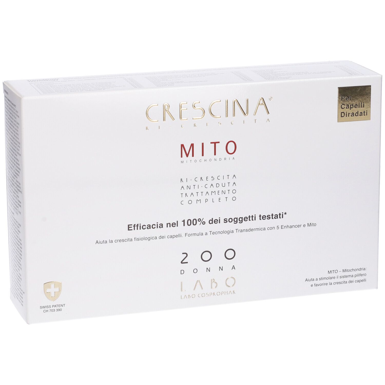 Scatola bianca con logo e nome prodotto. Testo: Ri-Crescita, Anti-Caduta, Trattamento Completo. Per donne.