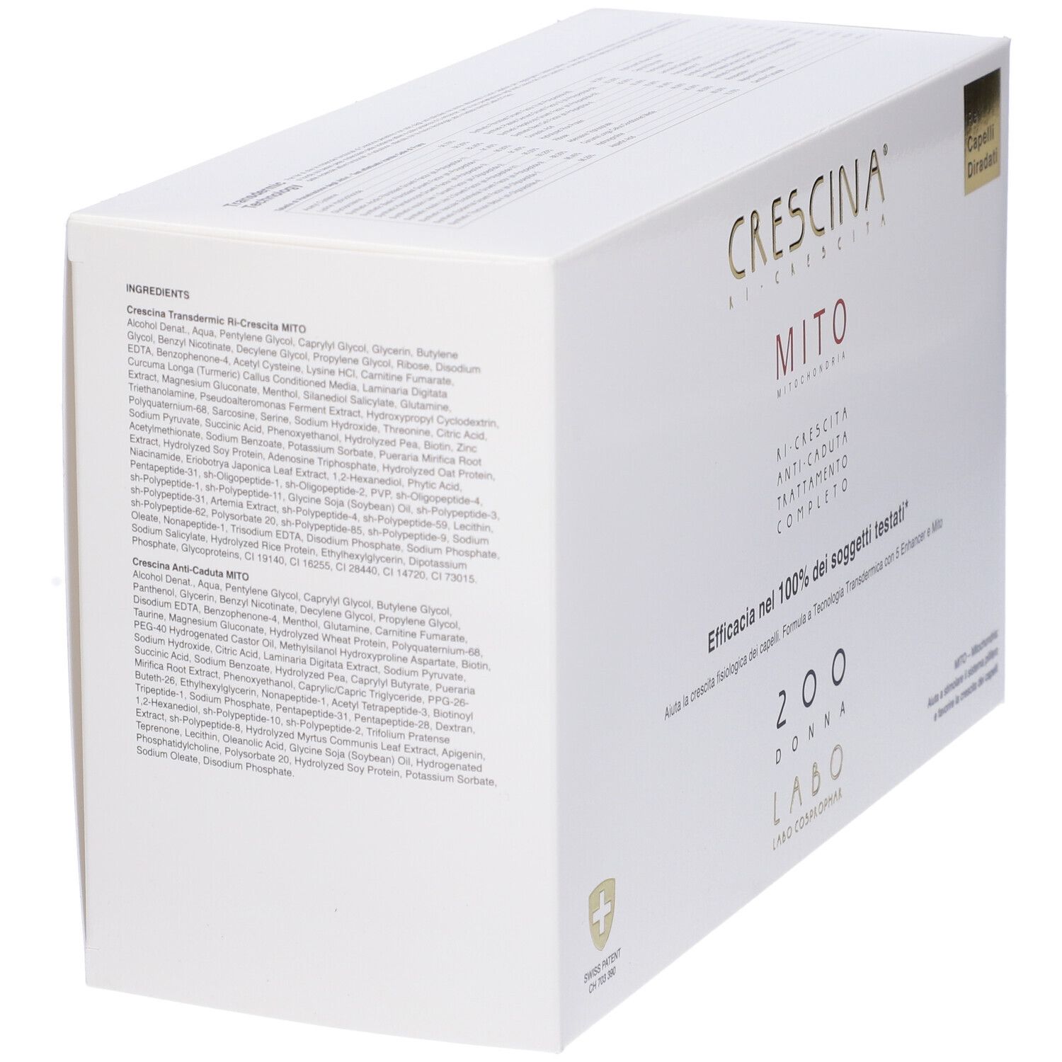 Scatola bianca con informazioni sul prodotto. Scritta CRESCINA, MITO. Croce svizzera.