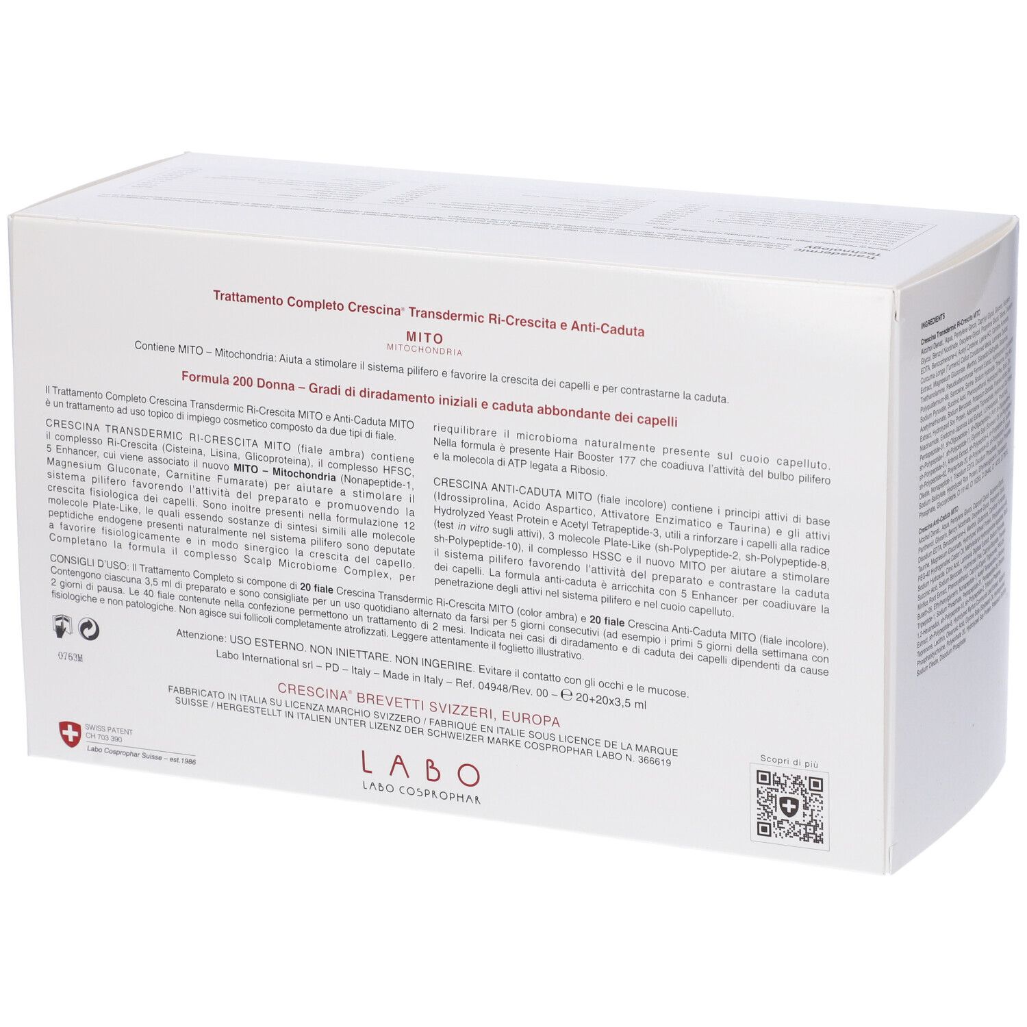 Scatola bianca con informazioni sul prodotto. Scritta CRESCINA, MITO. Croce svizzera.