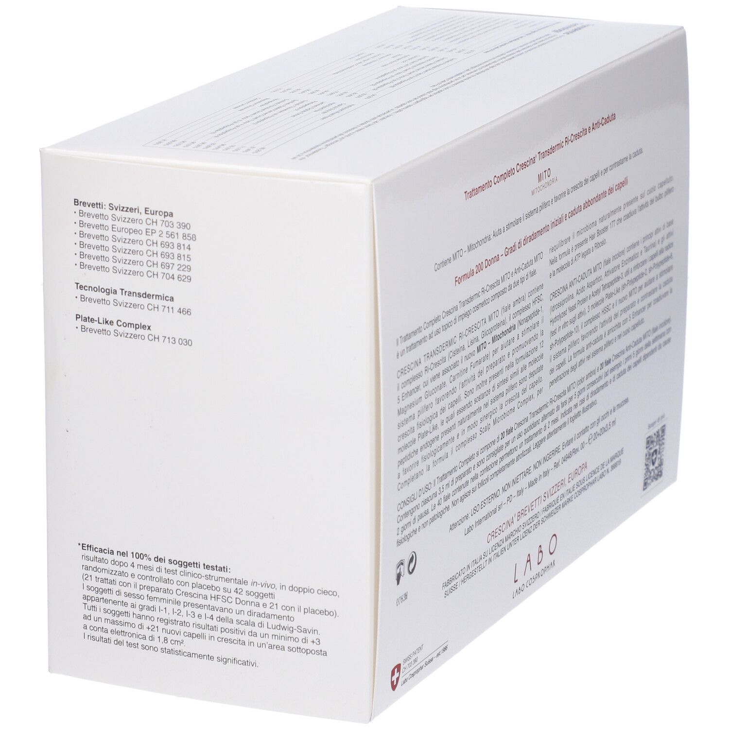 Scatola bianca con informazioni sul prodotto. Scritta CRESCINA, MITO. Croce svizzera.