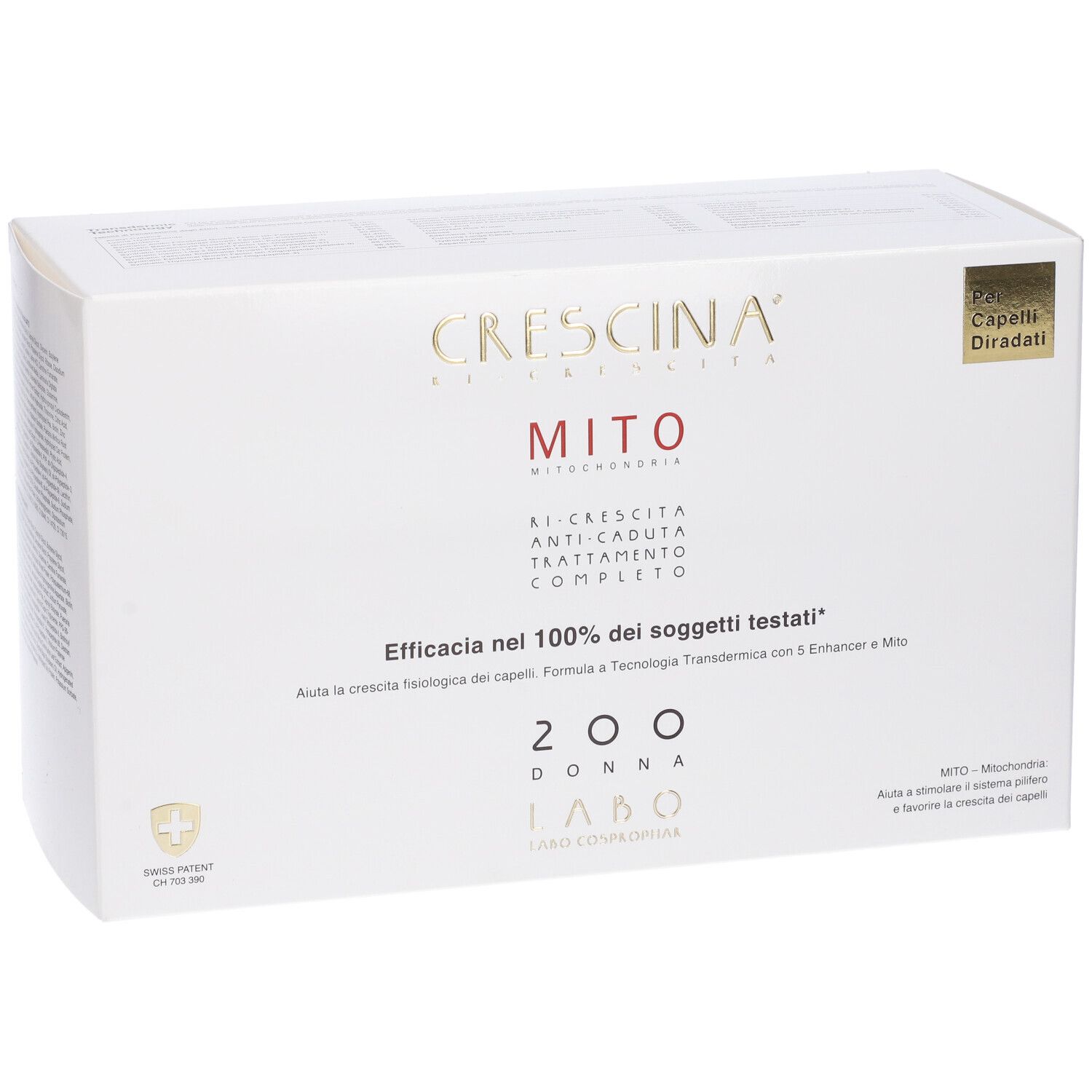 Scatola bianca con stampa del prodotto. Scritta CRESCINA, MITO, 200 DONNA. Croce svizzera.