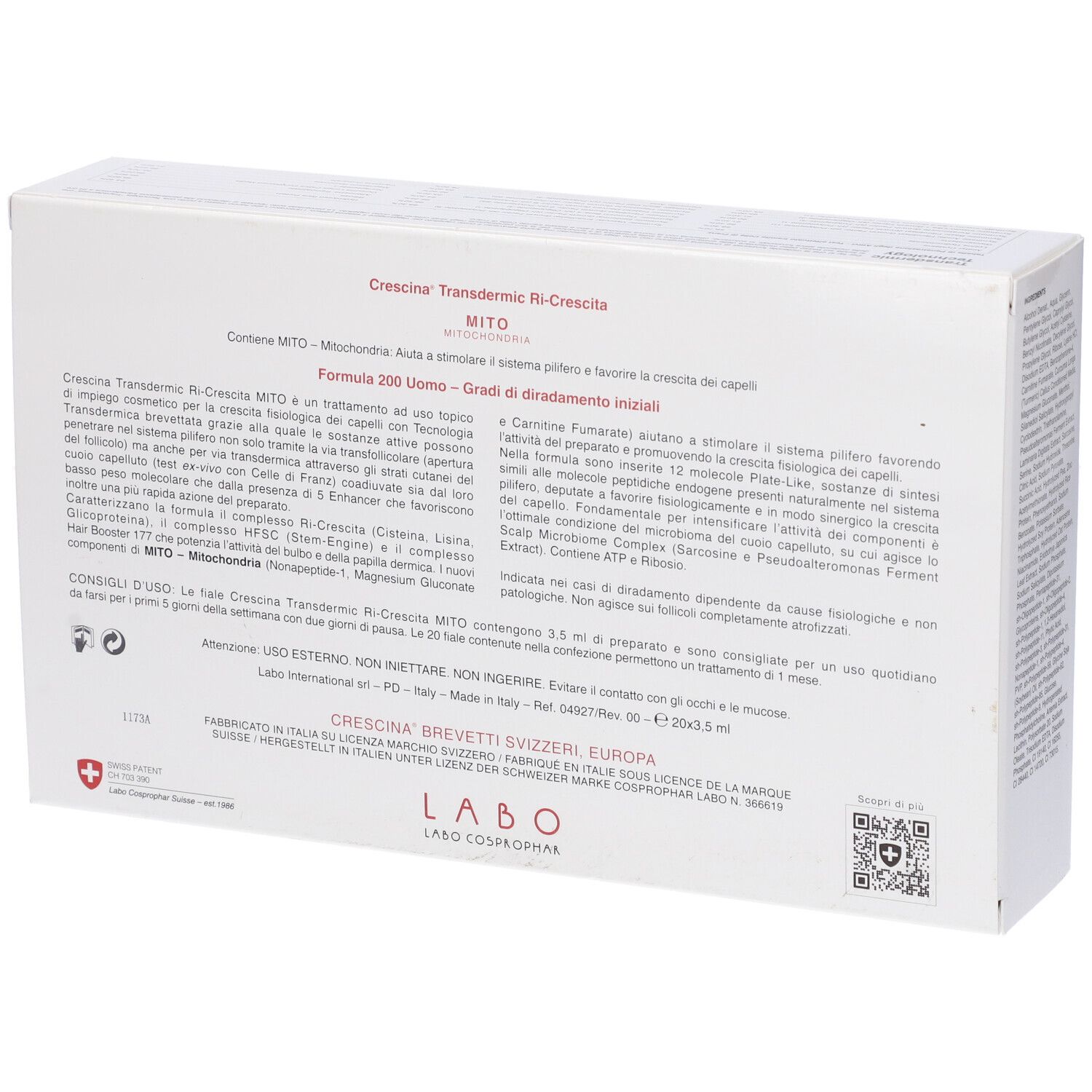 Retro della confezione del prodotto. Testo in italiano. Croce svizzera e codice QR.