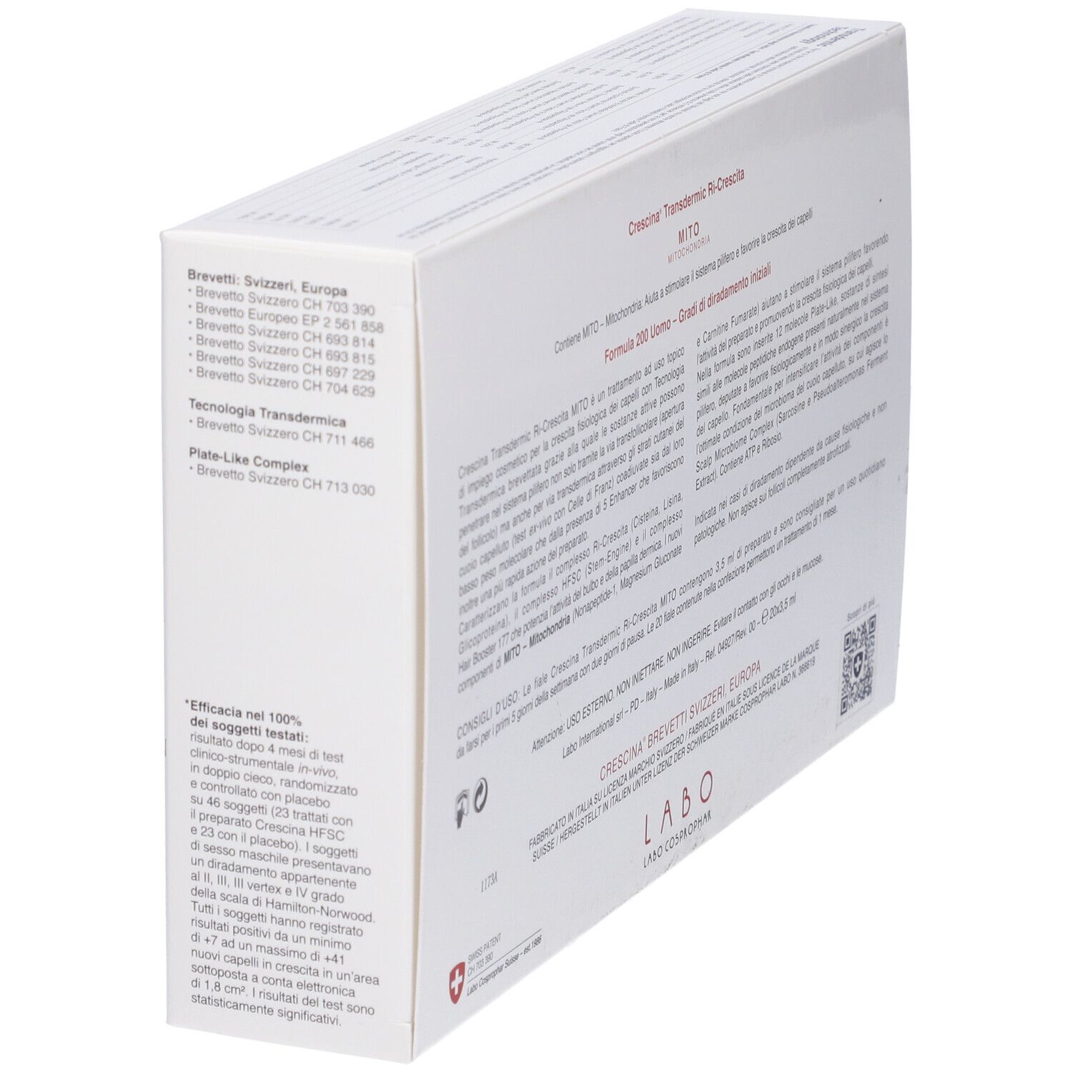 Confezione del prodotto, vista laterale. Testo in italiano. Croce svizzera e logo.