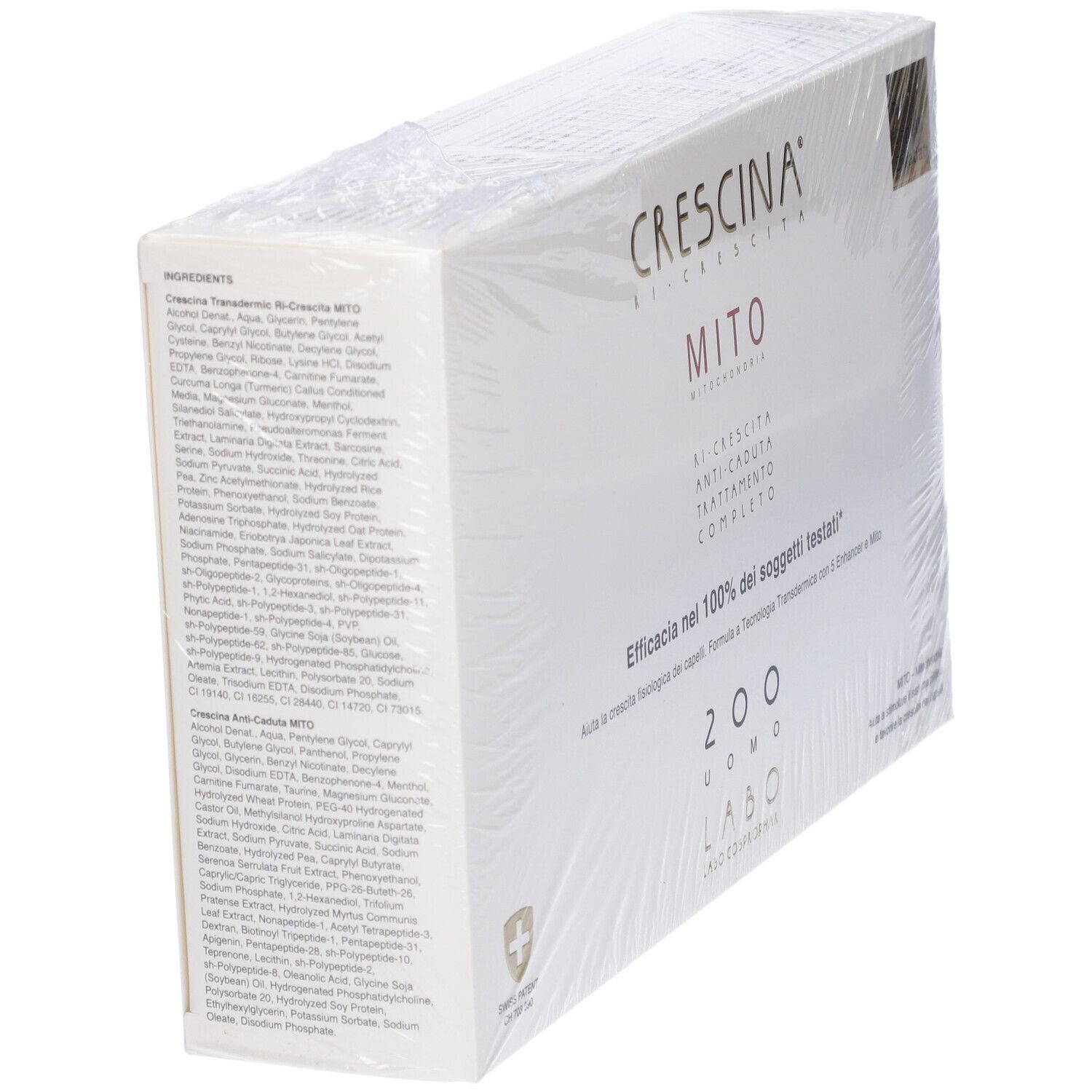 Confezione con logo e nome del prodotto. Elenco ingredienti sul lato. Ingredienti visibili.