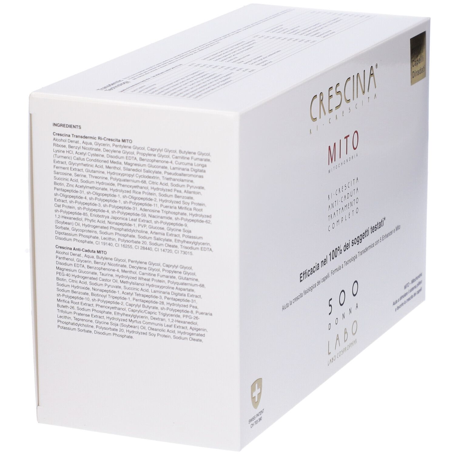 Scatola bianca, elenco ingredienti. Scritte CRESCINA, MITO, Ri-Crescita, Anti-Caduta, Trattamento Completo. Per capelli diradati.