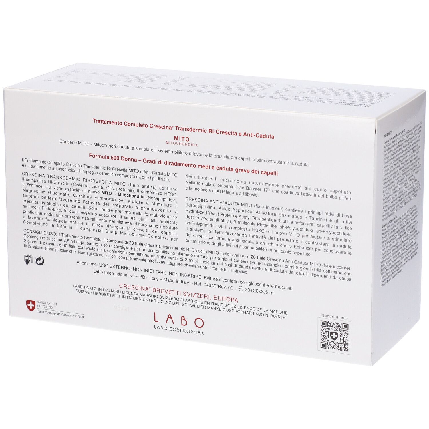 Scatola bianca con testo. Scritte CRESCINA, MITO, Ri-Crescita, Anti-Caduta, Trattamento Completo. Per capelli diradati. Logo svizzero.