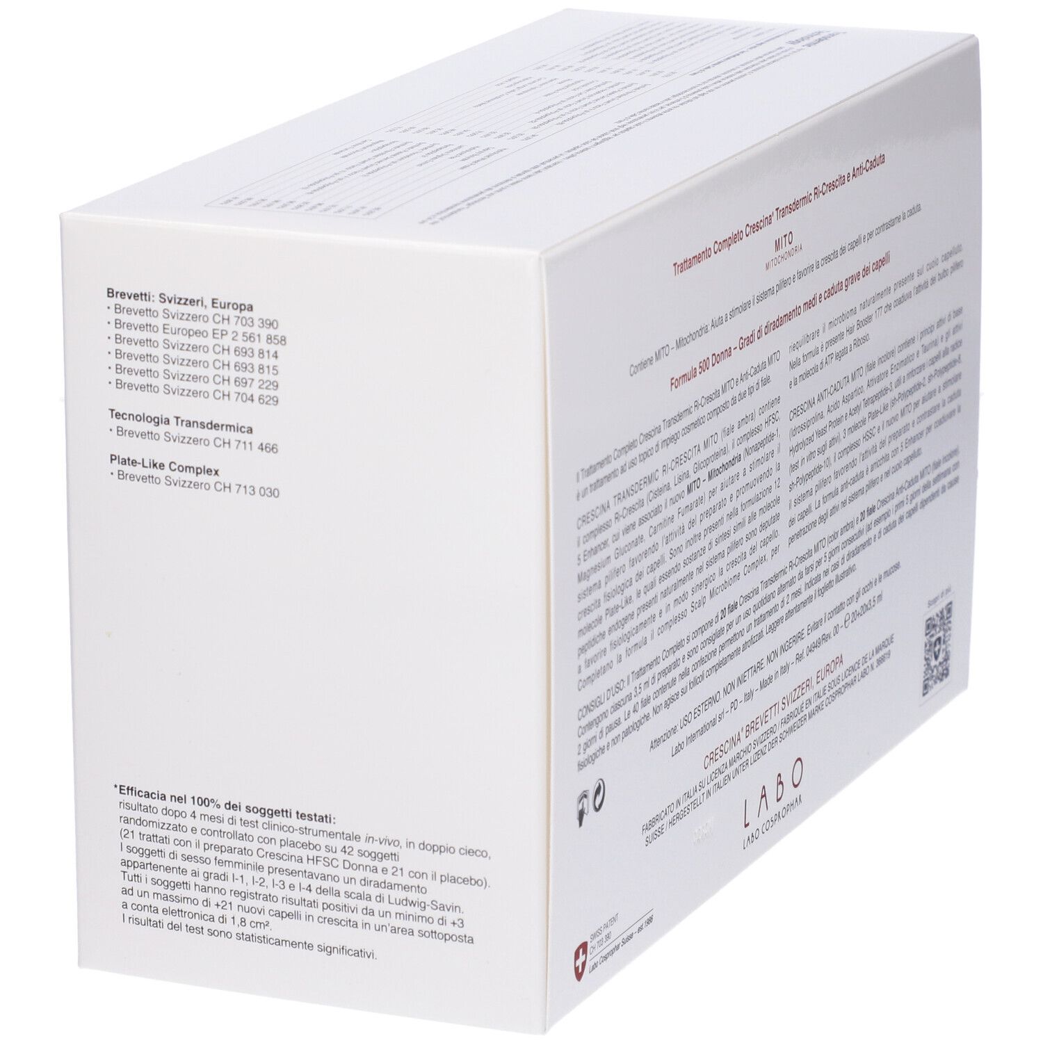 Scatola bianca con testo. Scritte CRESCINA, MITO, Ri-Crescita, Anti-Caduta, Trattamento Completo. Per capelli diradati. Logo svizzero.