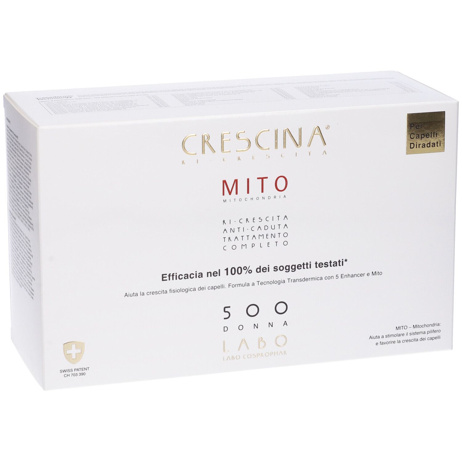 Scatola bianca con scritte CRESCINA, MITO, Ri-Crescita, Anti-Caduta, Trattamento Completo. Per capelli diradati. Logo svizzero.