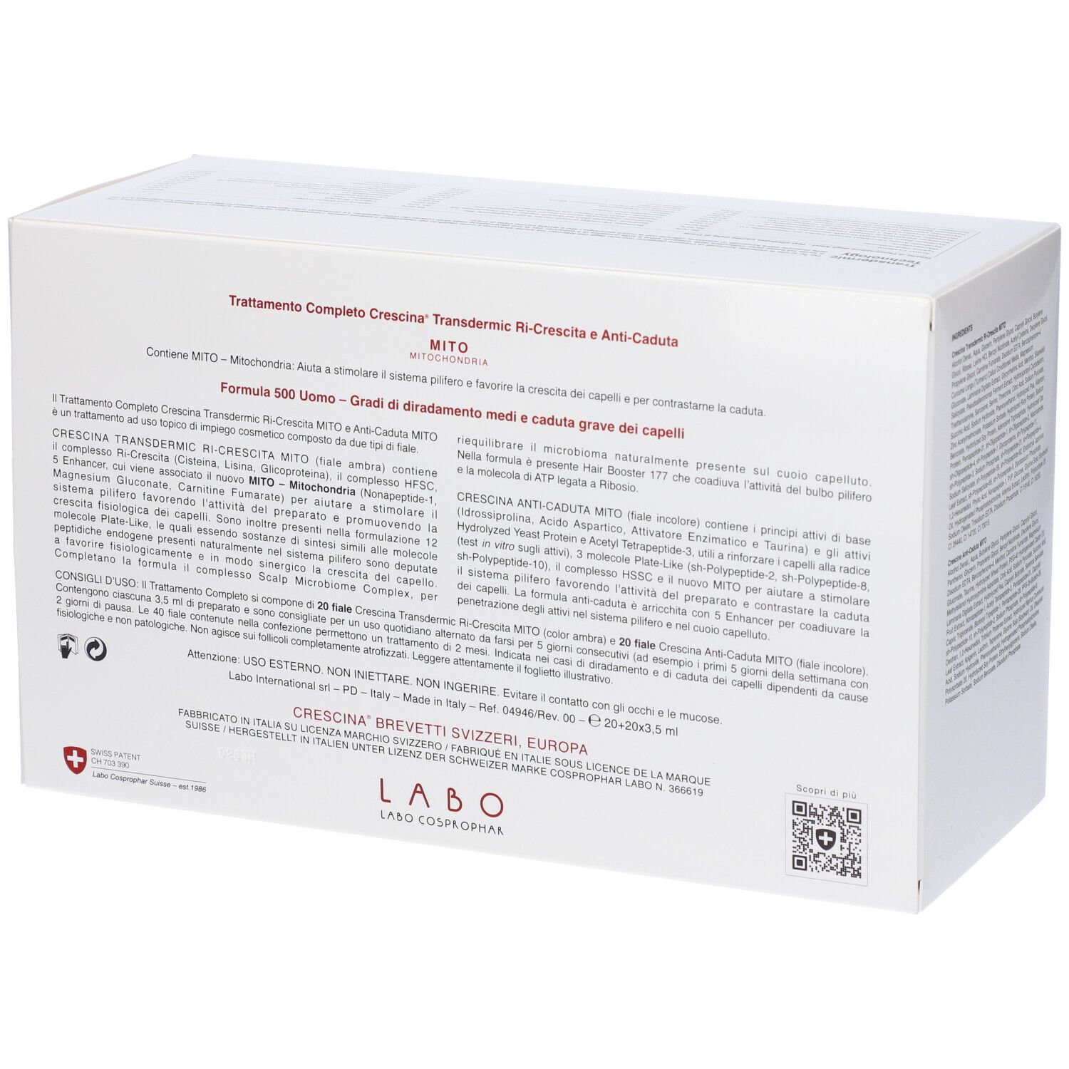 Retro della scatola bianca. Testo: Trattamento Completo Crescina Transdermic Ri-Crescita e Anti-Caduta MITO. Ingredienti e informazioni produttore.