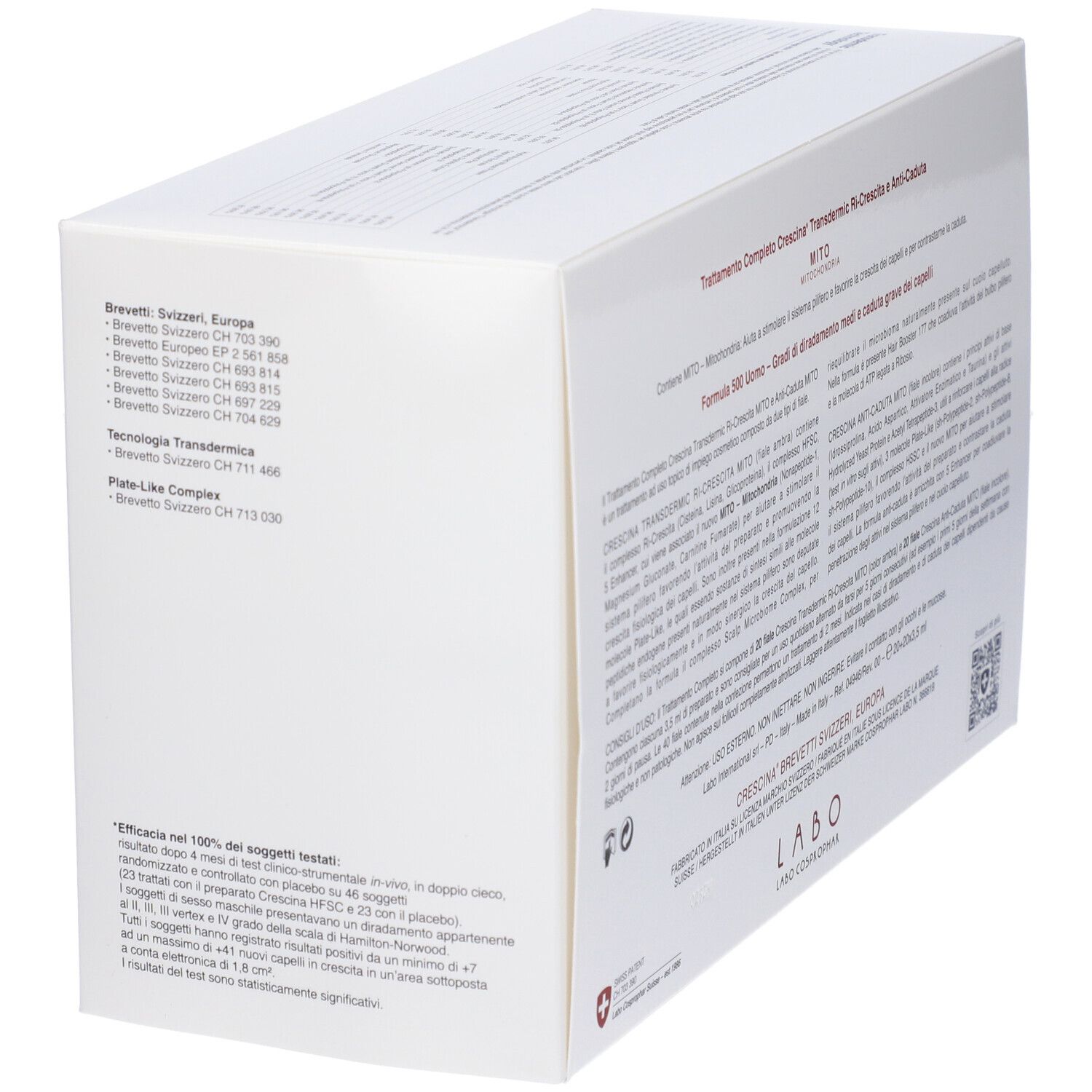 Scatola bianca vista obliqua. Testo: Trattamento Completo Crescina Ri-Crescita e Anti-Caduta MITO. Informazioni produttore e loghi.