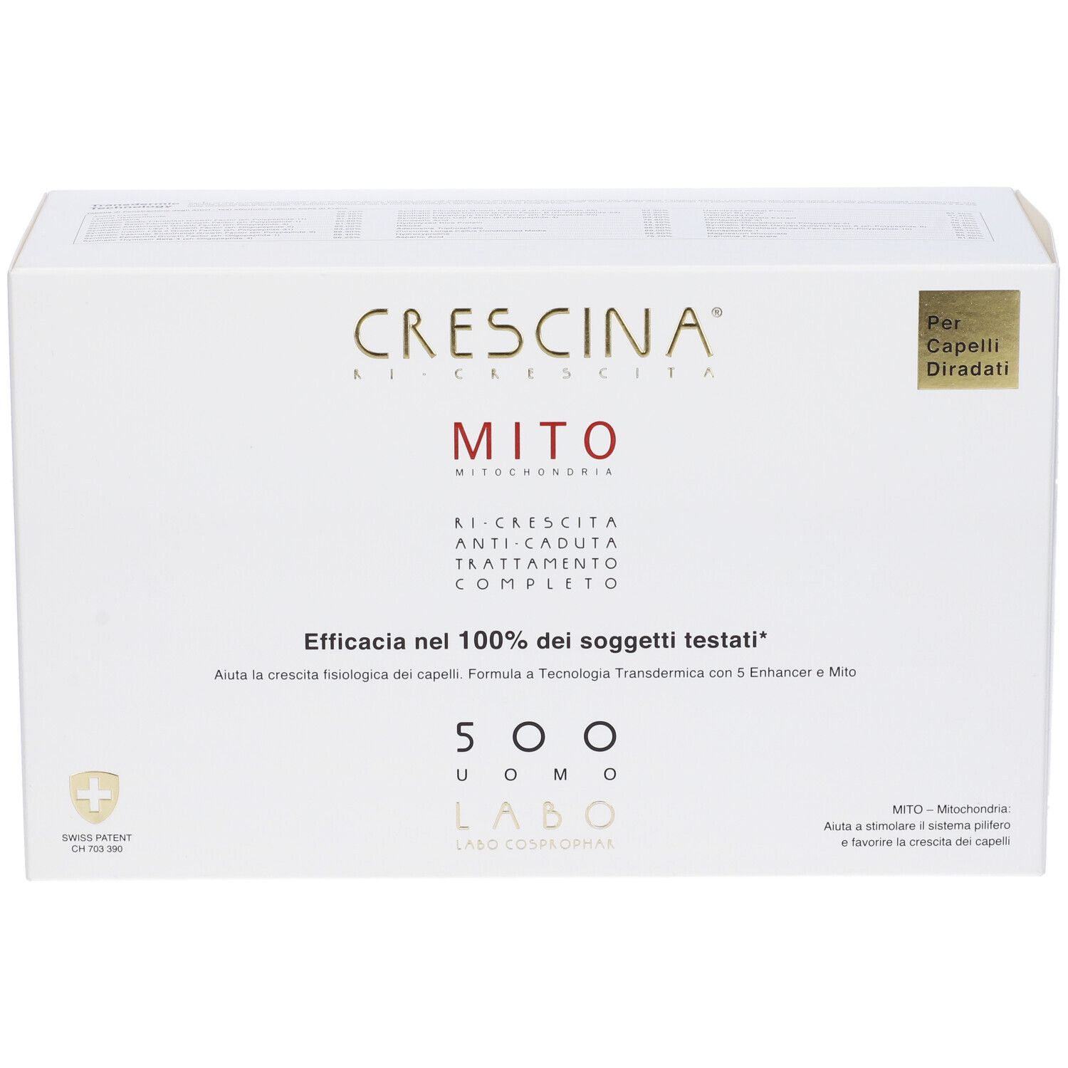 Scatola bianca CRESCINA MITO per uomo. Scritto: Ri-Crescita, Anti-Caduta, Trattamento Completo. Dettagli dorati. Per capelli diradati.