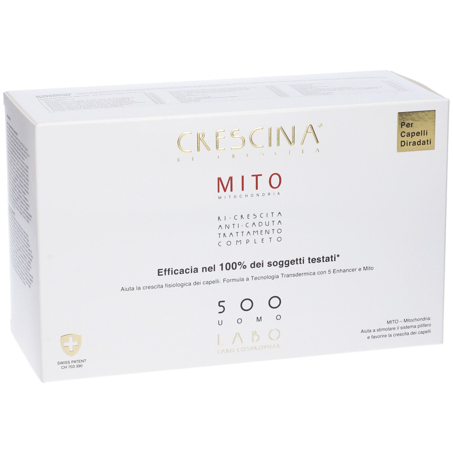 Scatola bianca CRESCINA MITO per uomo. Scritto: Ri-Crescita, Anti-Caduta, Trattamento Completo. Dettagli dorati. Per capelli diradati.