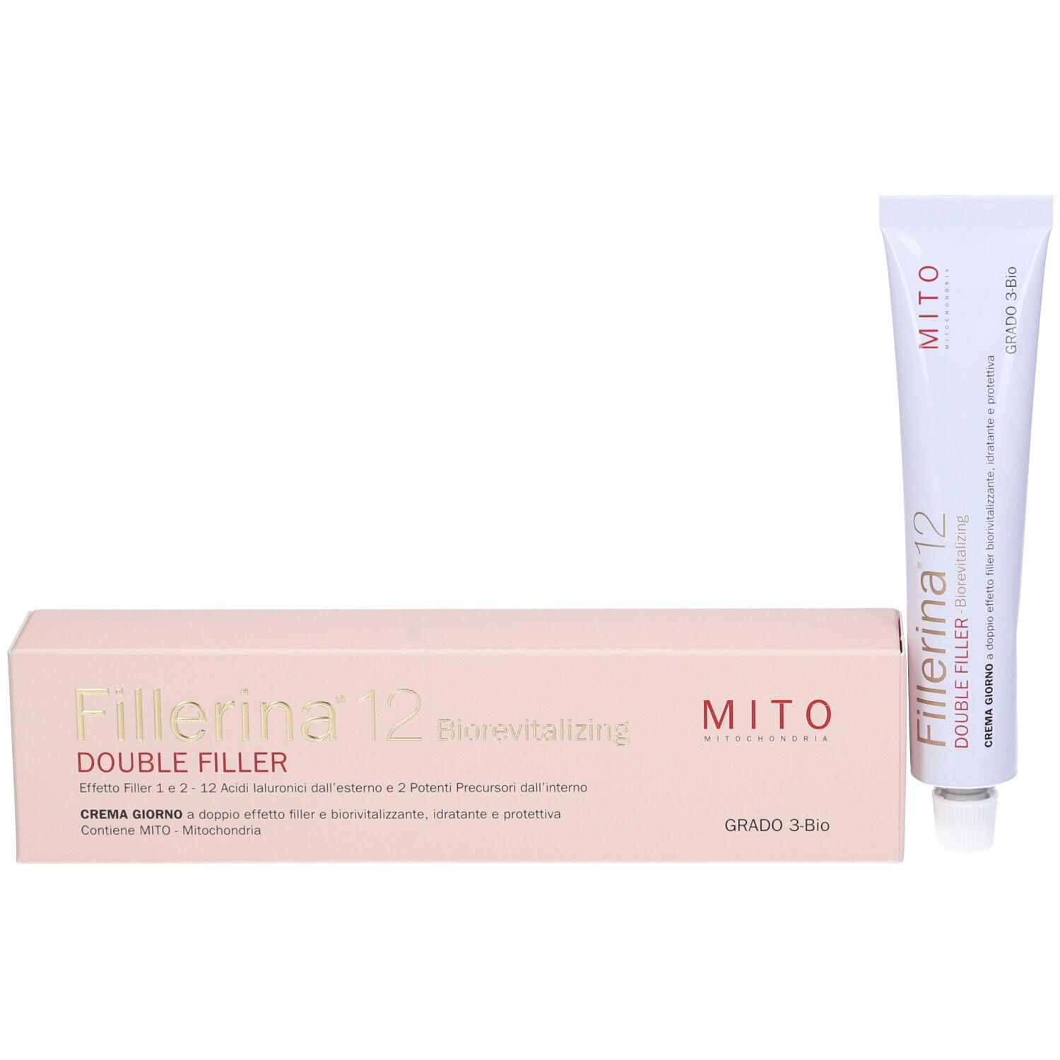 Confezione e tubo Fillerina 12 Double Filler Biorevitalizing. Marchio Mito. Grado 3-Bio.