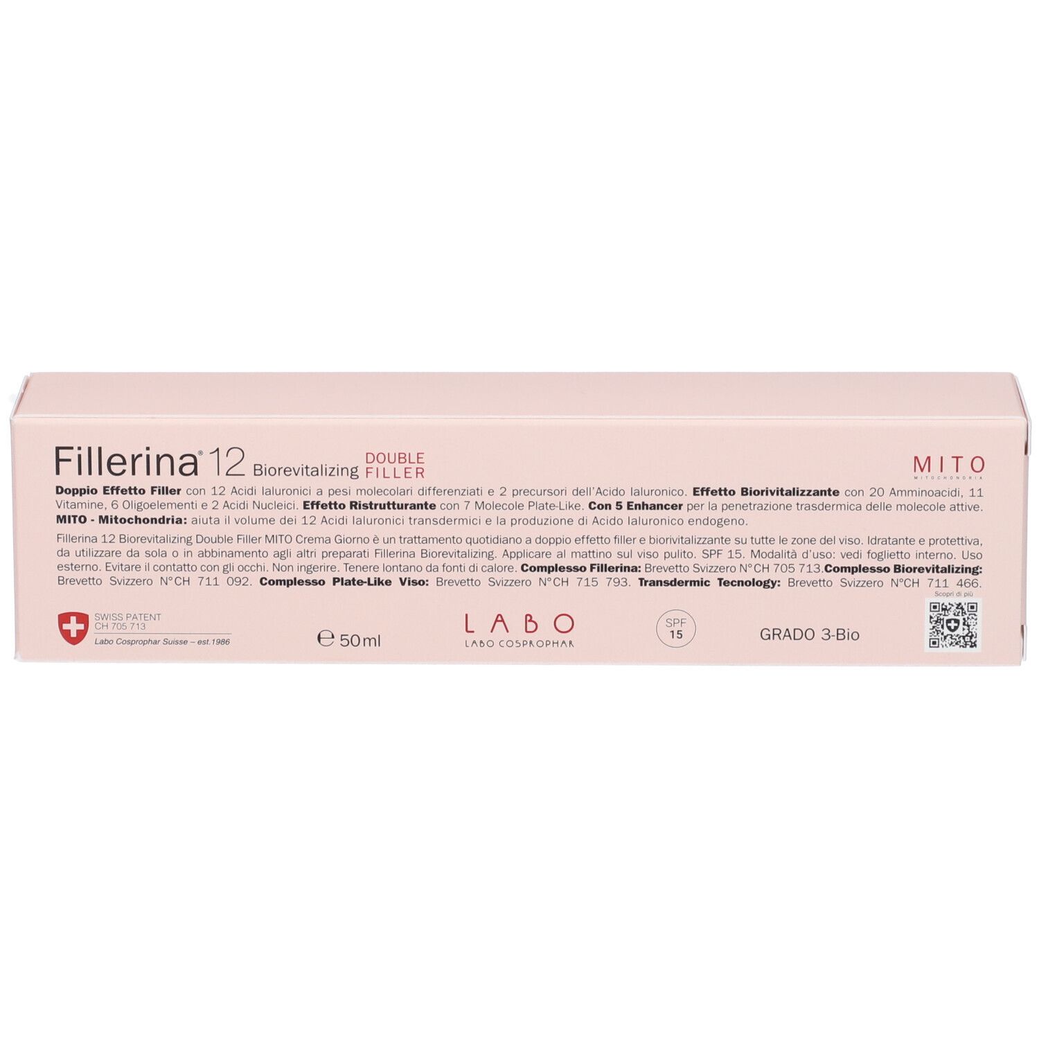 Confezione con testo: Fillerina 12 Double Filler Biorevitalizing. Marchio Mito. Grado 3-Bio. 50ml.