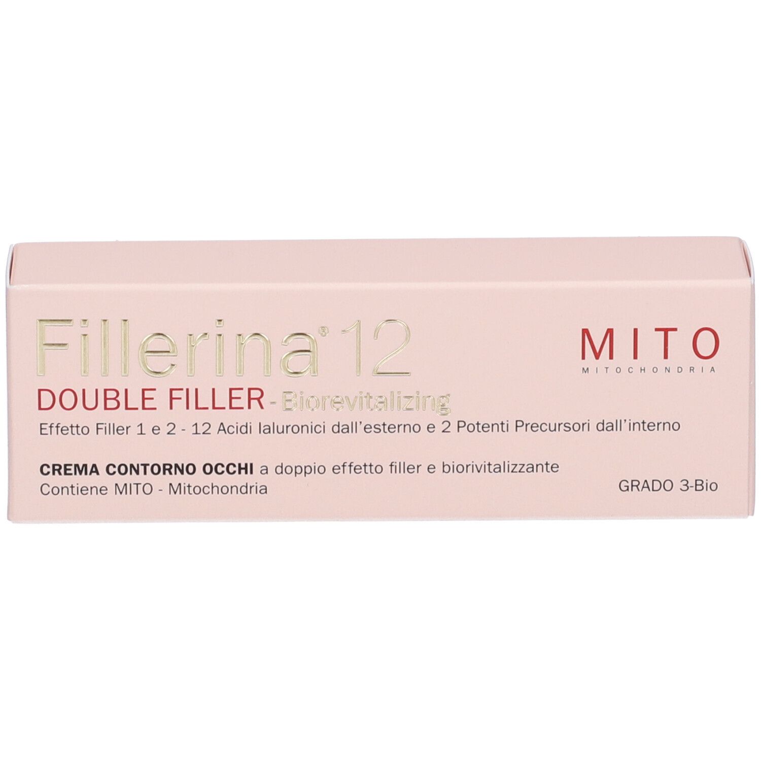 Confezione rosa con testo. Scritto: Fillerina 12 Double Filler, crema contorno occhi.