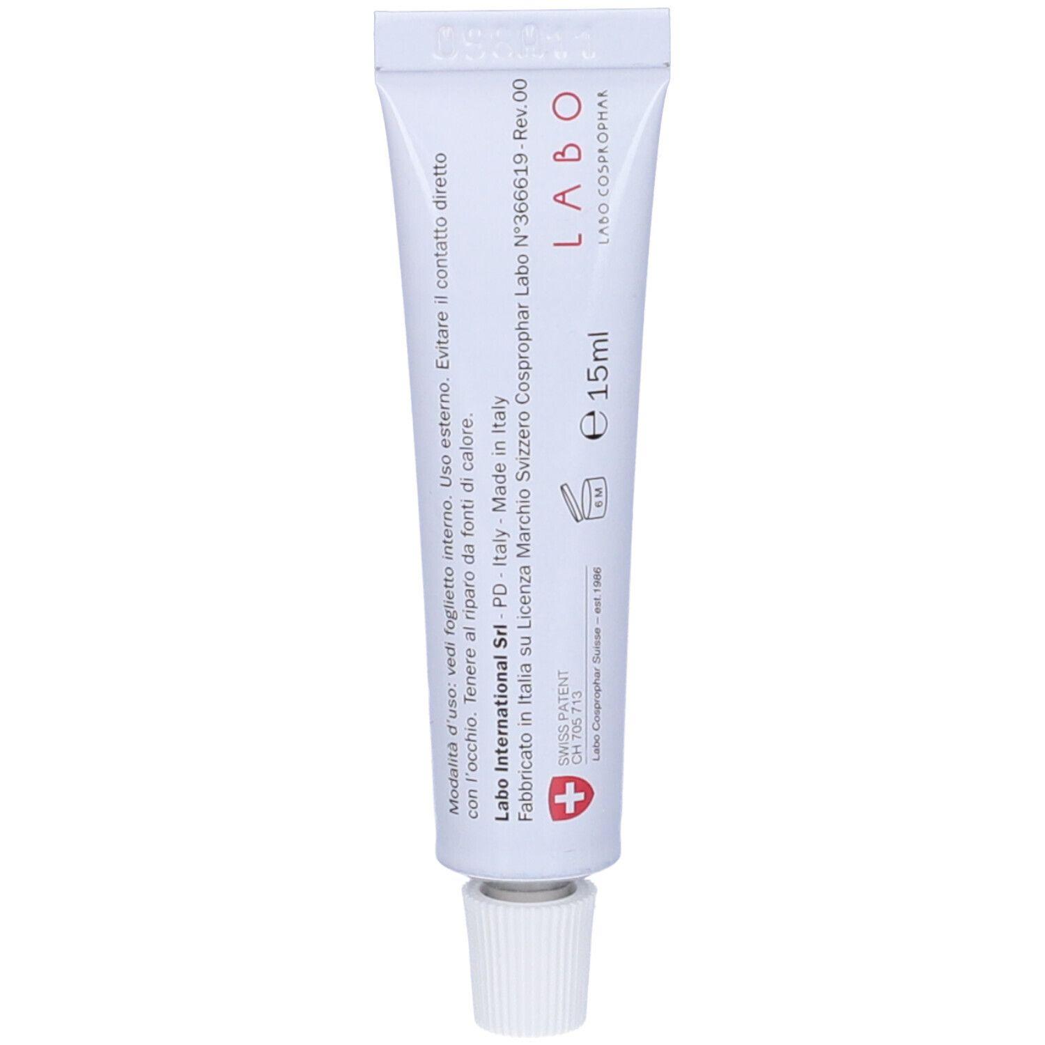 Retro di un tubo di crema bianco. Testo: Labo, 15ml, Swiss Patent, Prodotto in Italia.