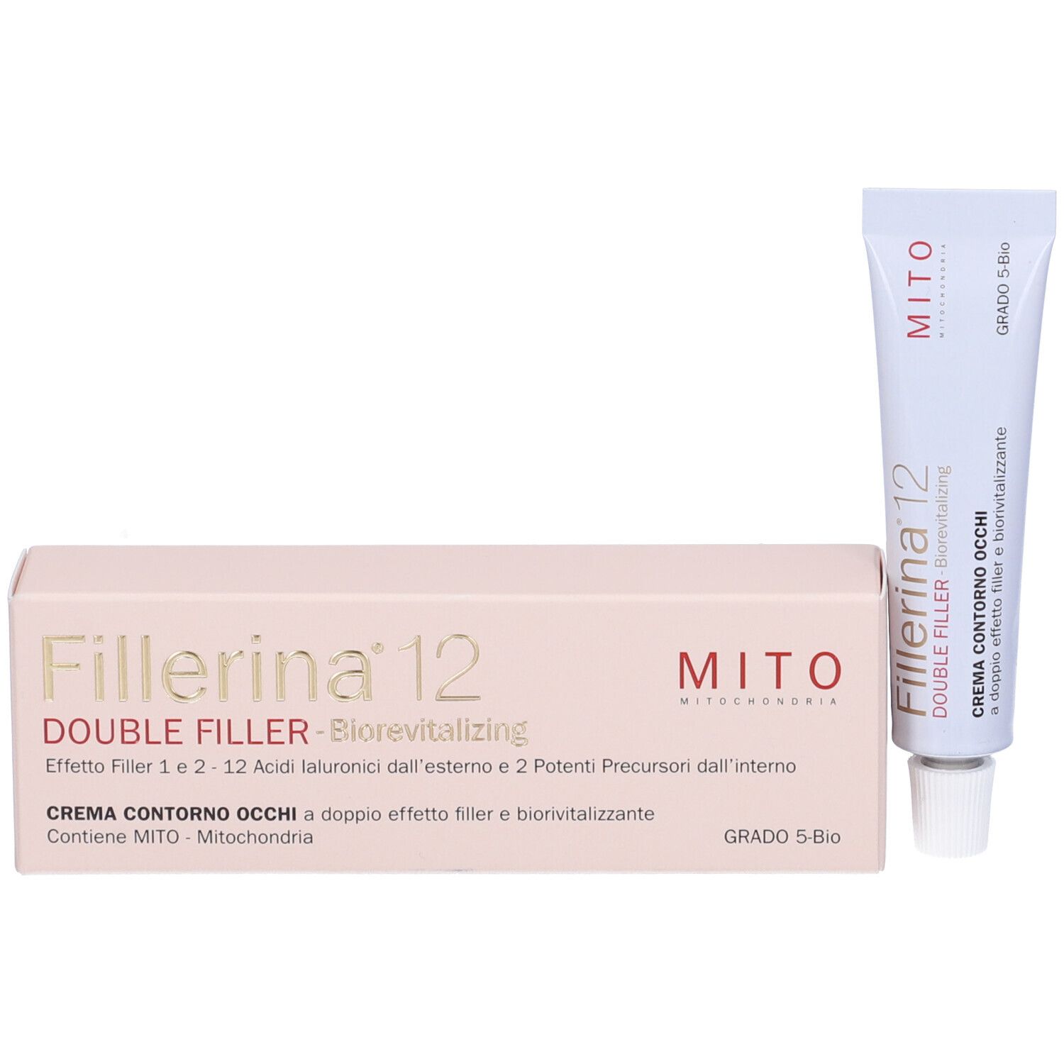 Confezione e tubo del prodotto. Confezione: Fillerina 12, Double Filler, Mito. Tubo: Crema Contorno Occhi, Grado 5-Bio.