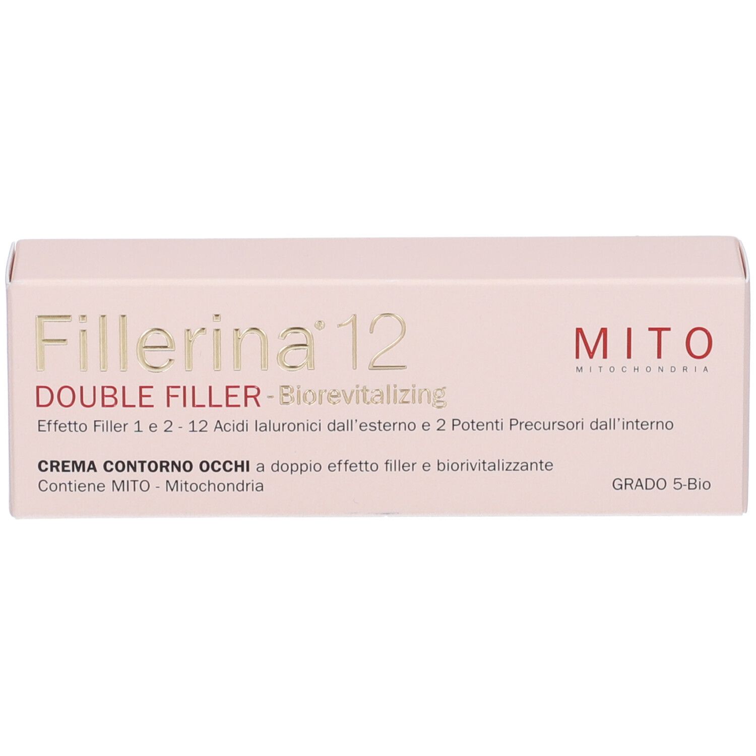 Confezione del prodotto, rosa. Scritta: Fillerina 12, Double Filler, Mito. Testo: Crema Contorno Occhi, Grado 5-Bio.