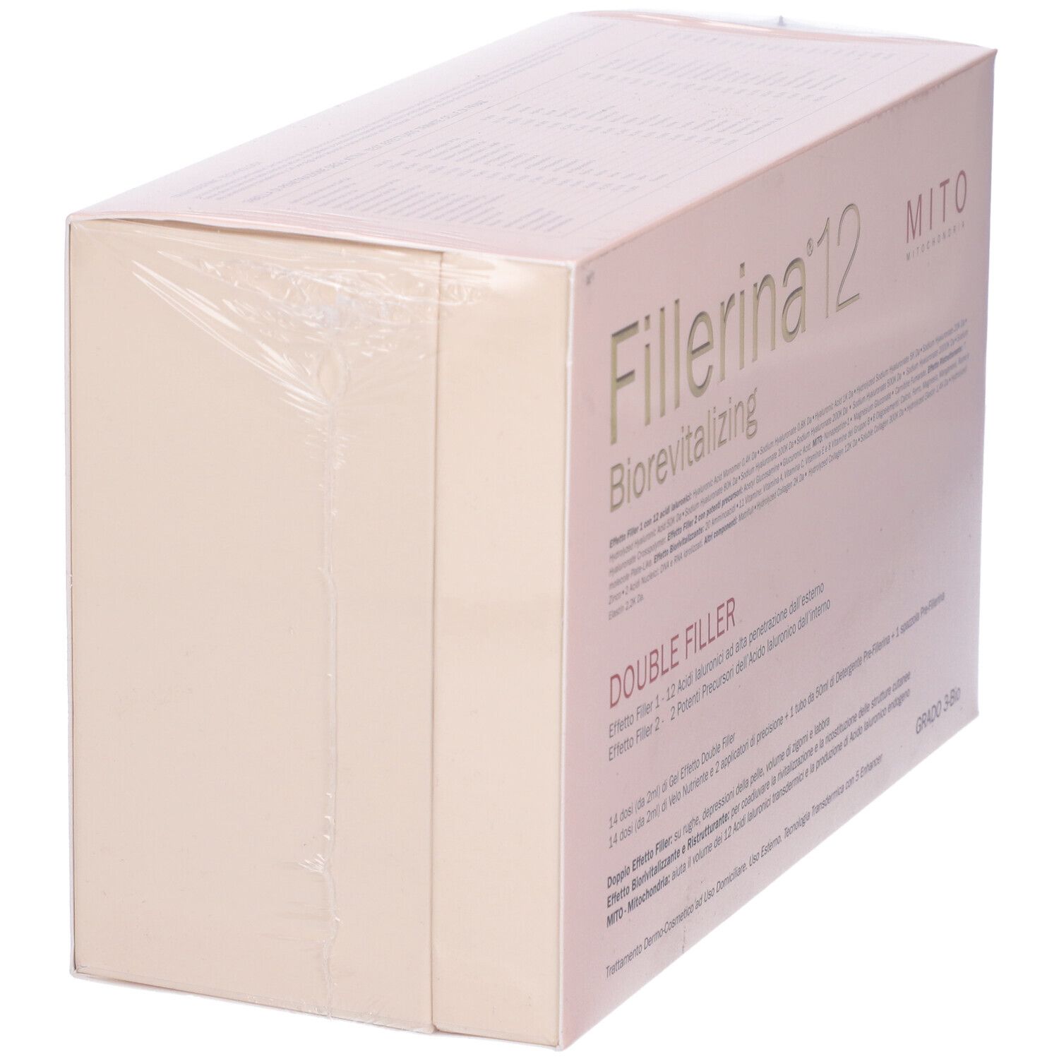 Confezione rosa con nome prodotto Fillerina 12, Biorevitalizing e Double Filler. Grado 3-Bio.