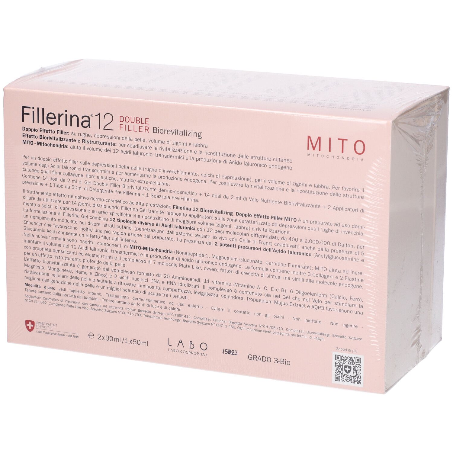 Confezione rosa con nome prodotto Fillerina 12, Biorevitalizing e Double Filler. Grado 3-Bio.