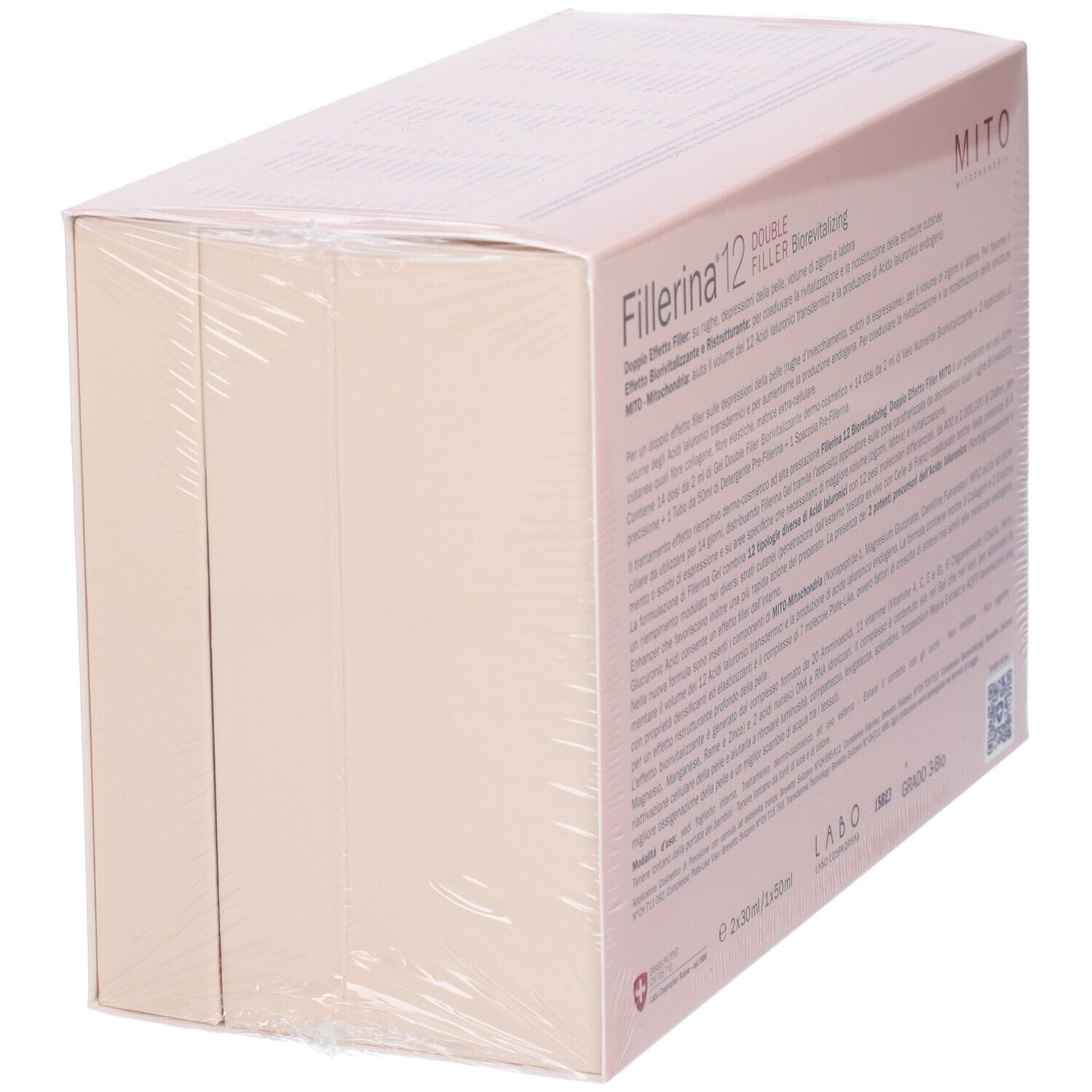 Confezione rosa con nome prodotto Fillerina 12, Biorevitalizing e Double Filler. Grado 3-Bio.