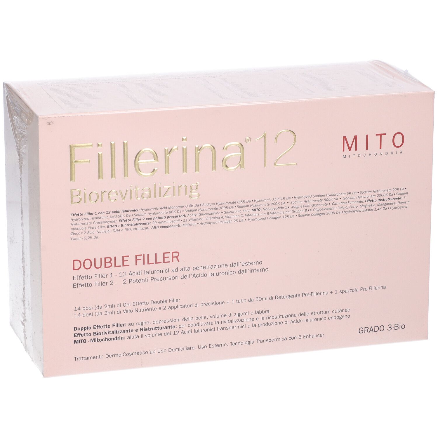 Confezione rosa con nome prodotto Fillerina 12, Biorevitalizing e Double Filler. Grado 3-Bio.