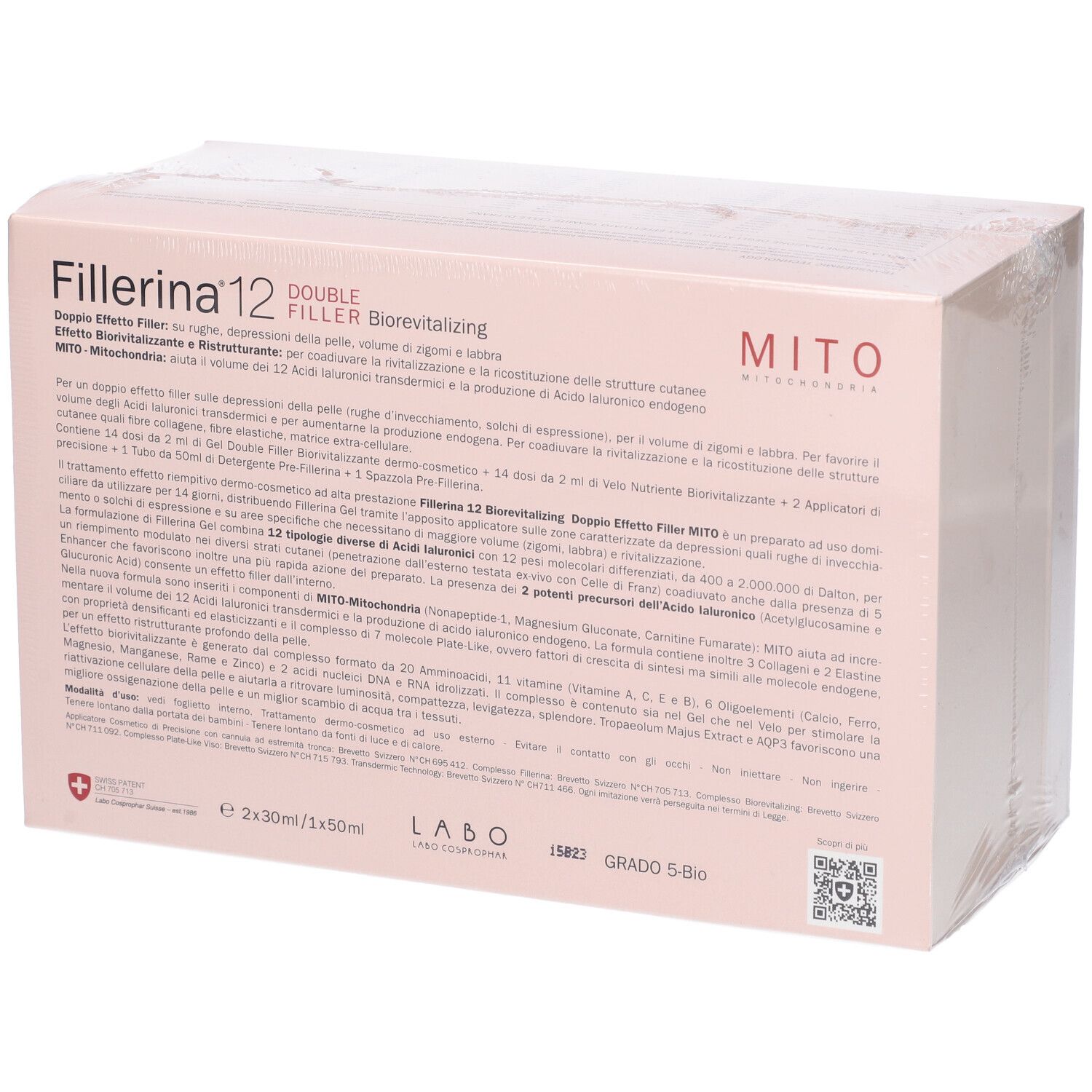 Confezione del prodotto con testo e logo. Designazione Double Filler. Marchio Grado 5-Bio. Croce svizzera.