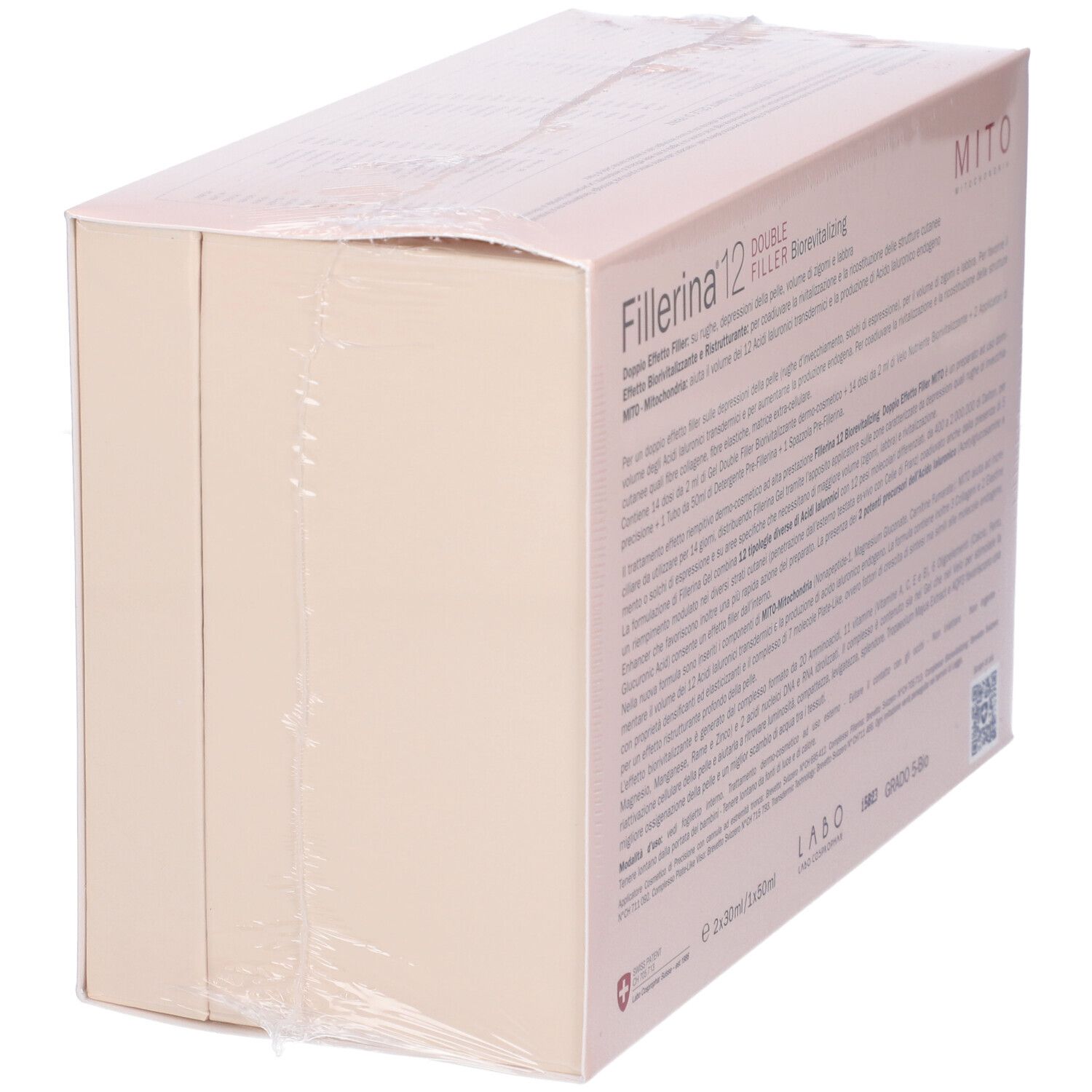 Confezione del prodotto sigillata in pellicola. Vista laterale con testo. Tonalità rosa. Croce svizzera.